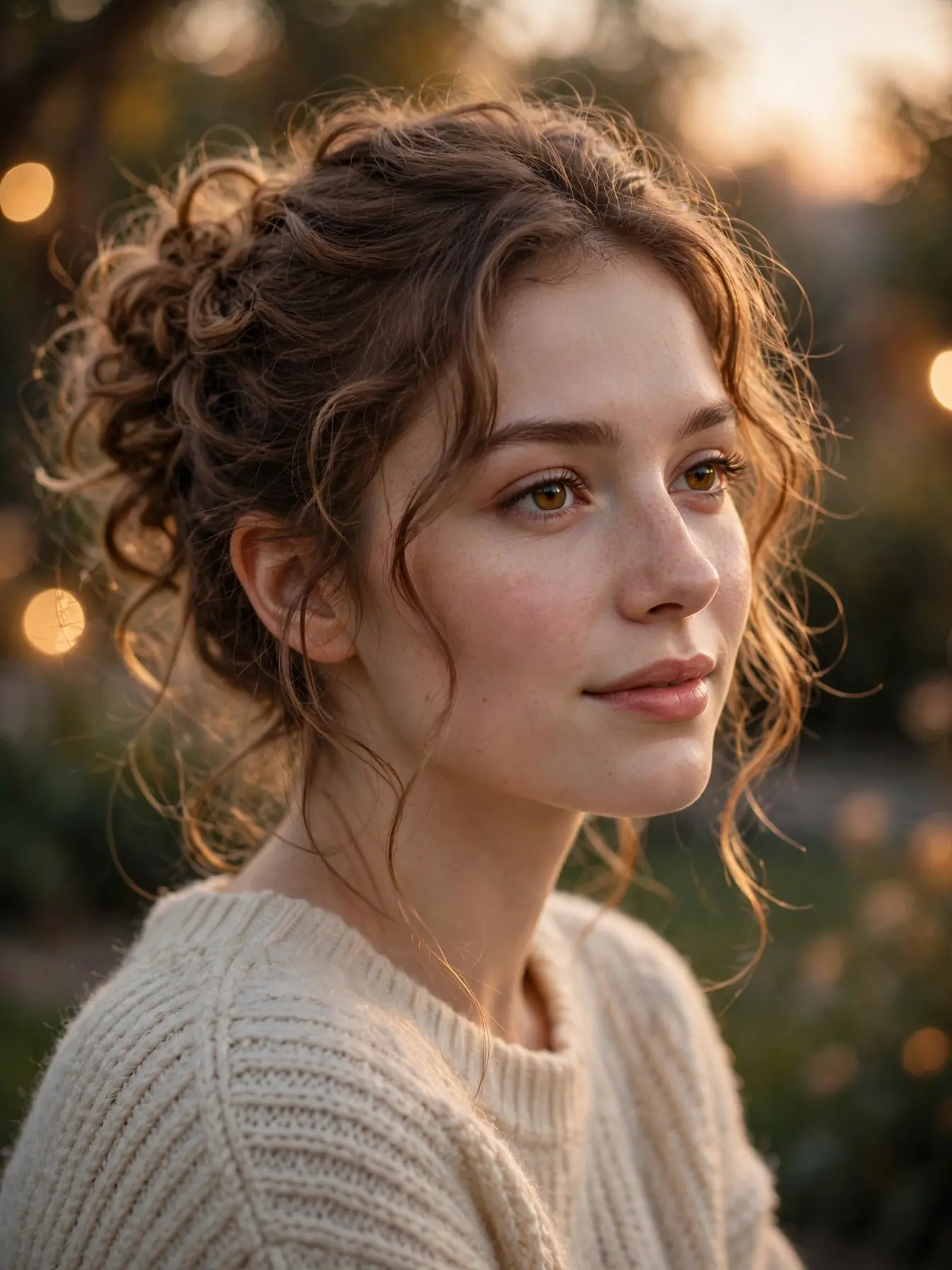 Elegant Updo for Curly Hairstyles: 20 Timeless Ideas 24 Romantic loose curly bun in evening light