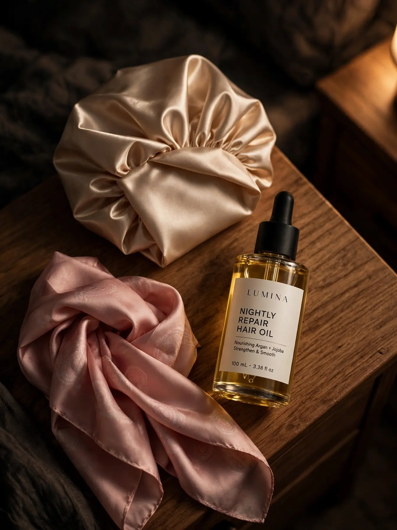 Nighttime hair care routine flat-lay with satin bonnet, silk scarf, and hair oil