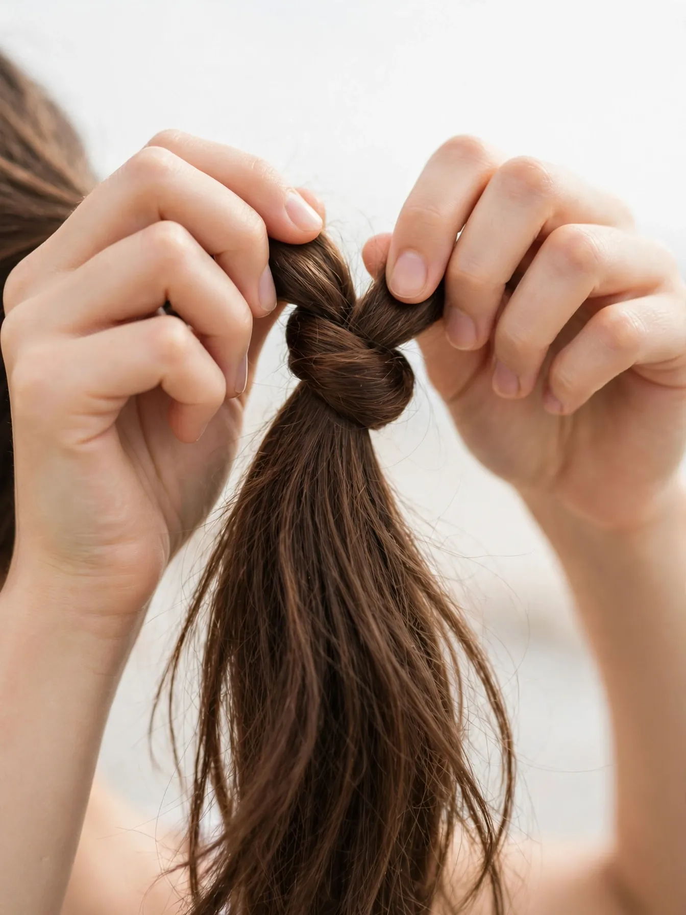Close-up of hands tying a loose knot in a ponytail for an infinite knot ponytail hairstyle