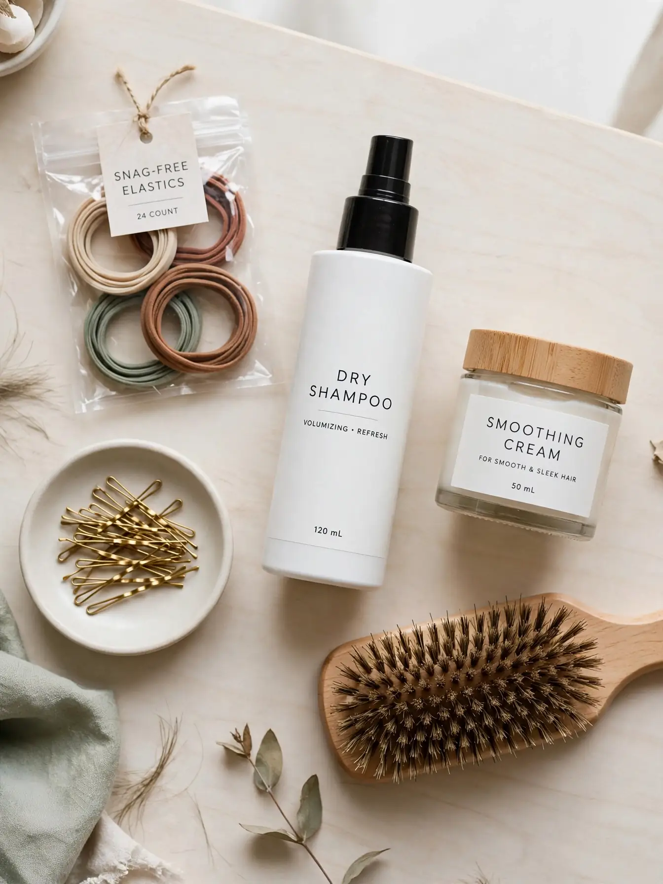 Flat lay of styling tools for an infinite knot ponytail: elastics, bobby pins, dry shampoo, smoothing cream, brush