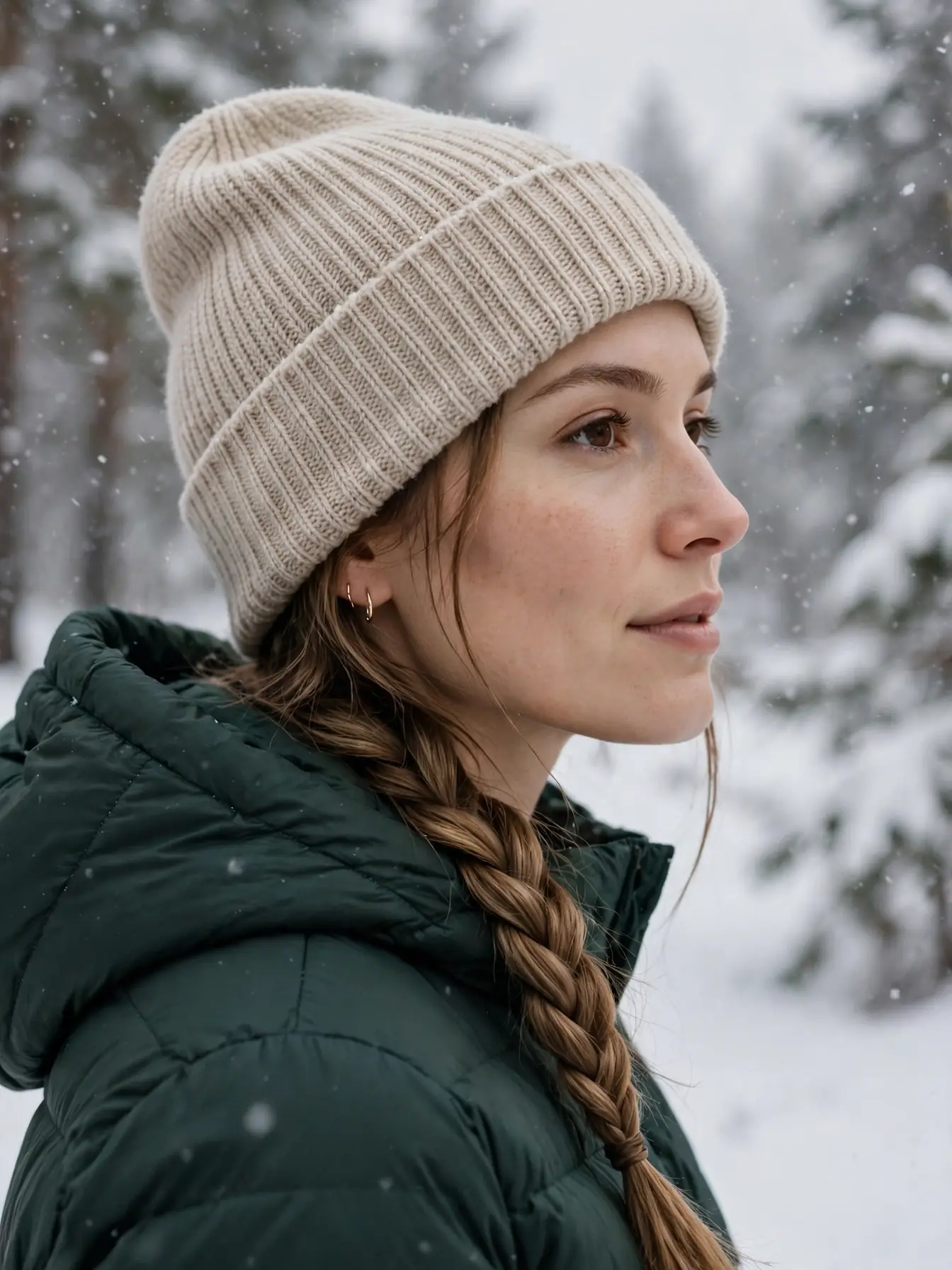 Flat winter braid worn smoothly under a knit beanie
