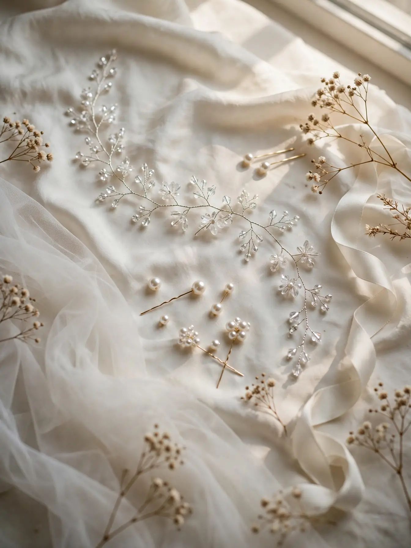 Flat lay of bridal hair accessories with pearls and veil