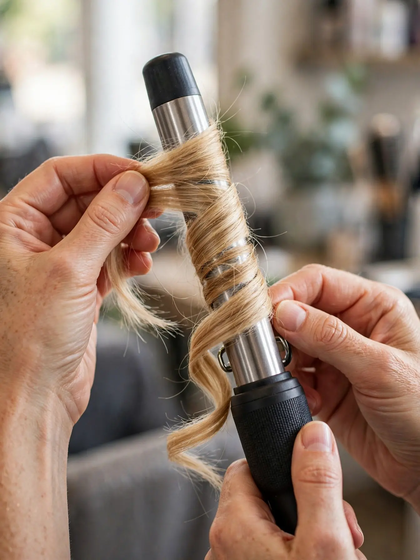 Close-up of curling wand technique for soft bridal curls