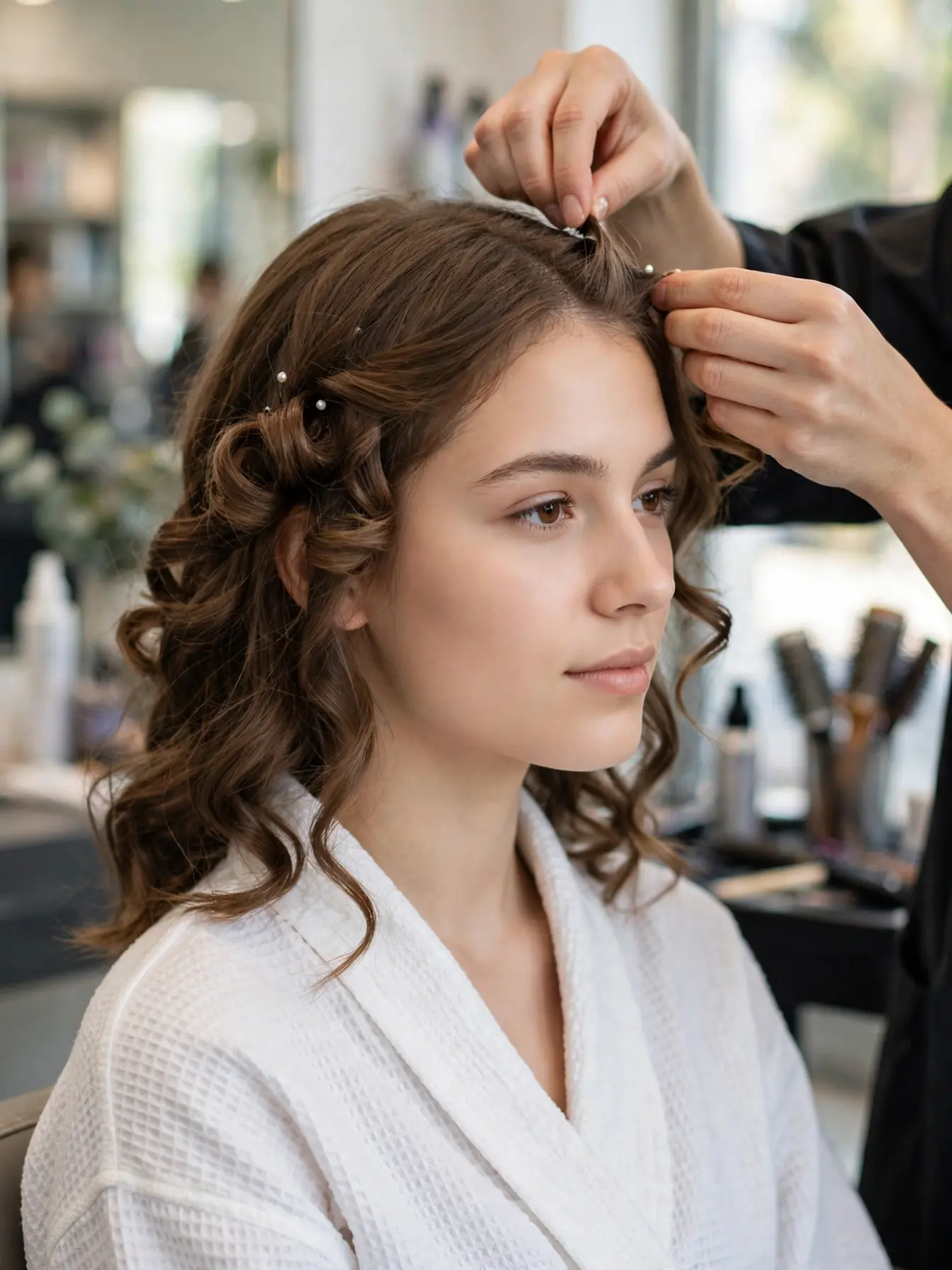 Bride at a hair trial with her stylist testing soft curls