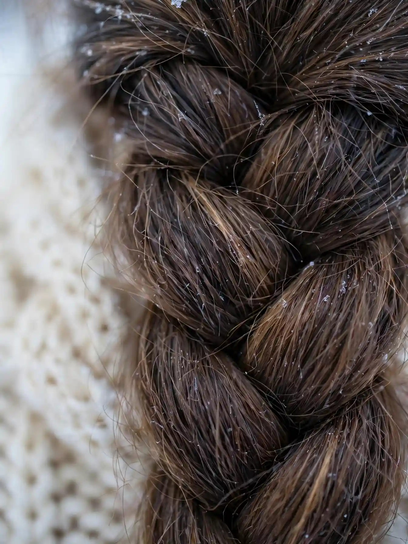 Close-up of winter braid texture with knit sweater sleeve