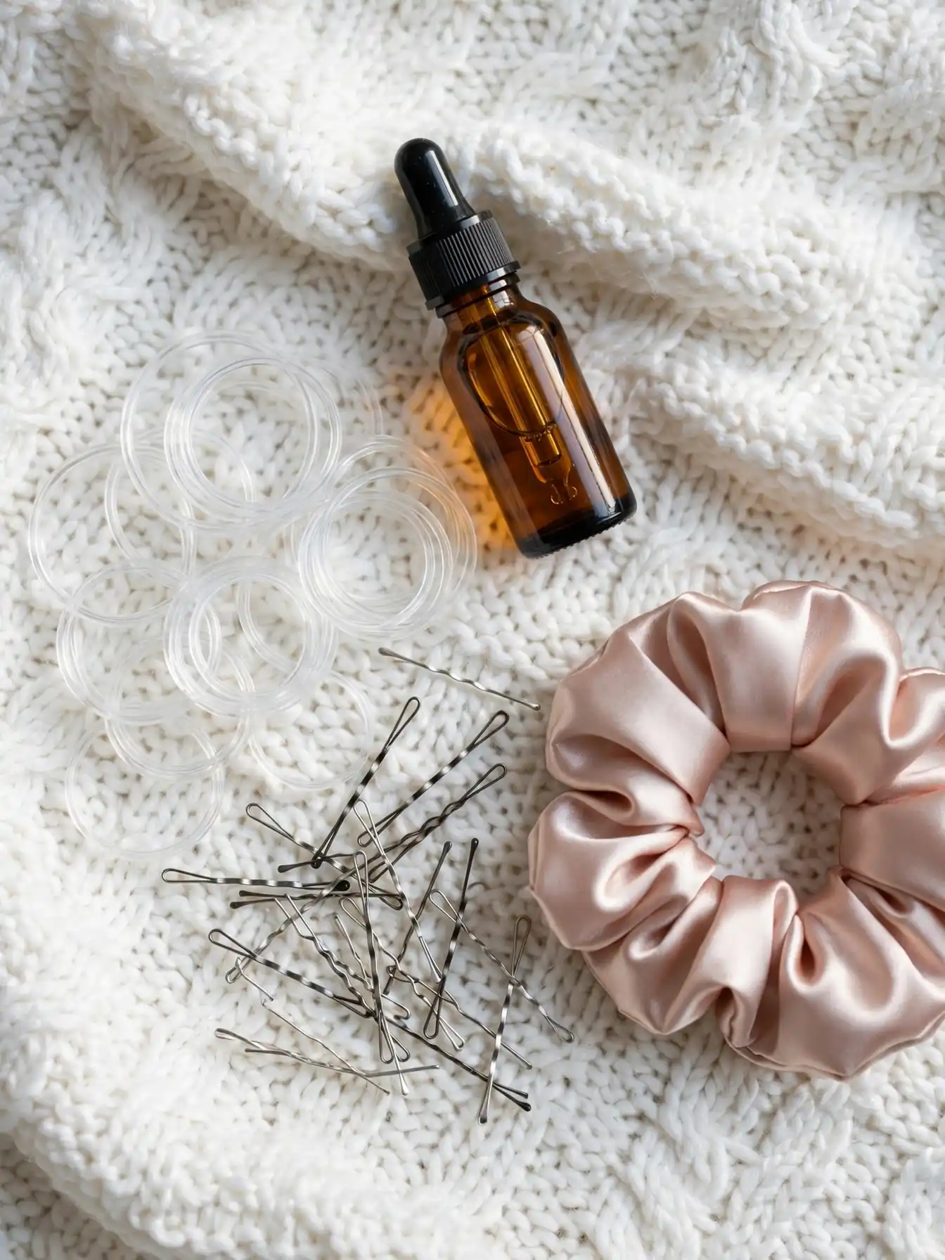 Flat lay of winter braid essentials: hair oil, elastics, pins, scrunchie