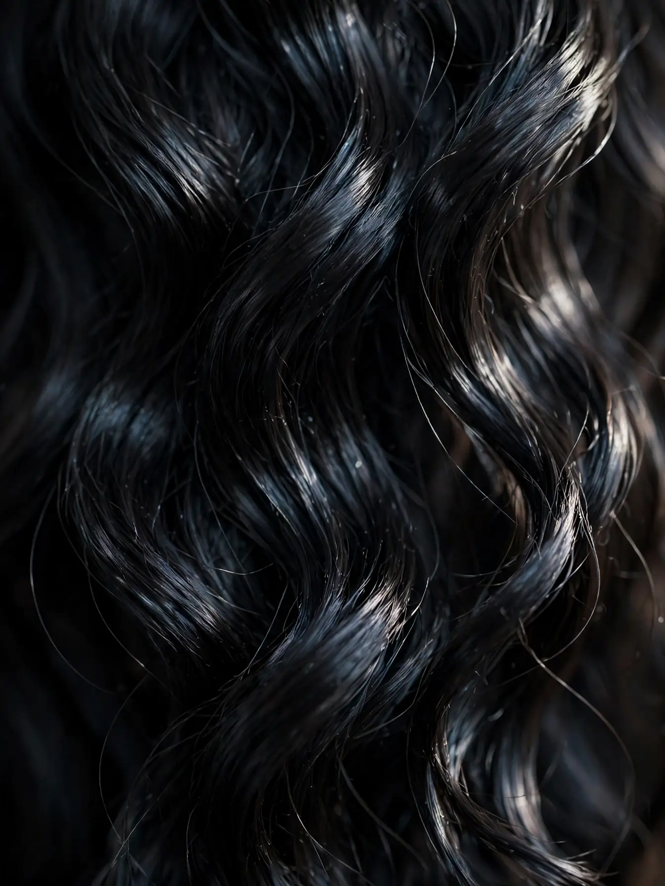 Close-up of glossy black wavy hair texture catching the light