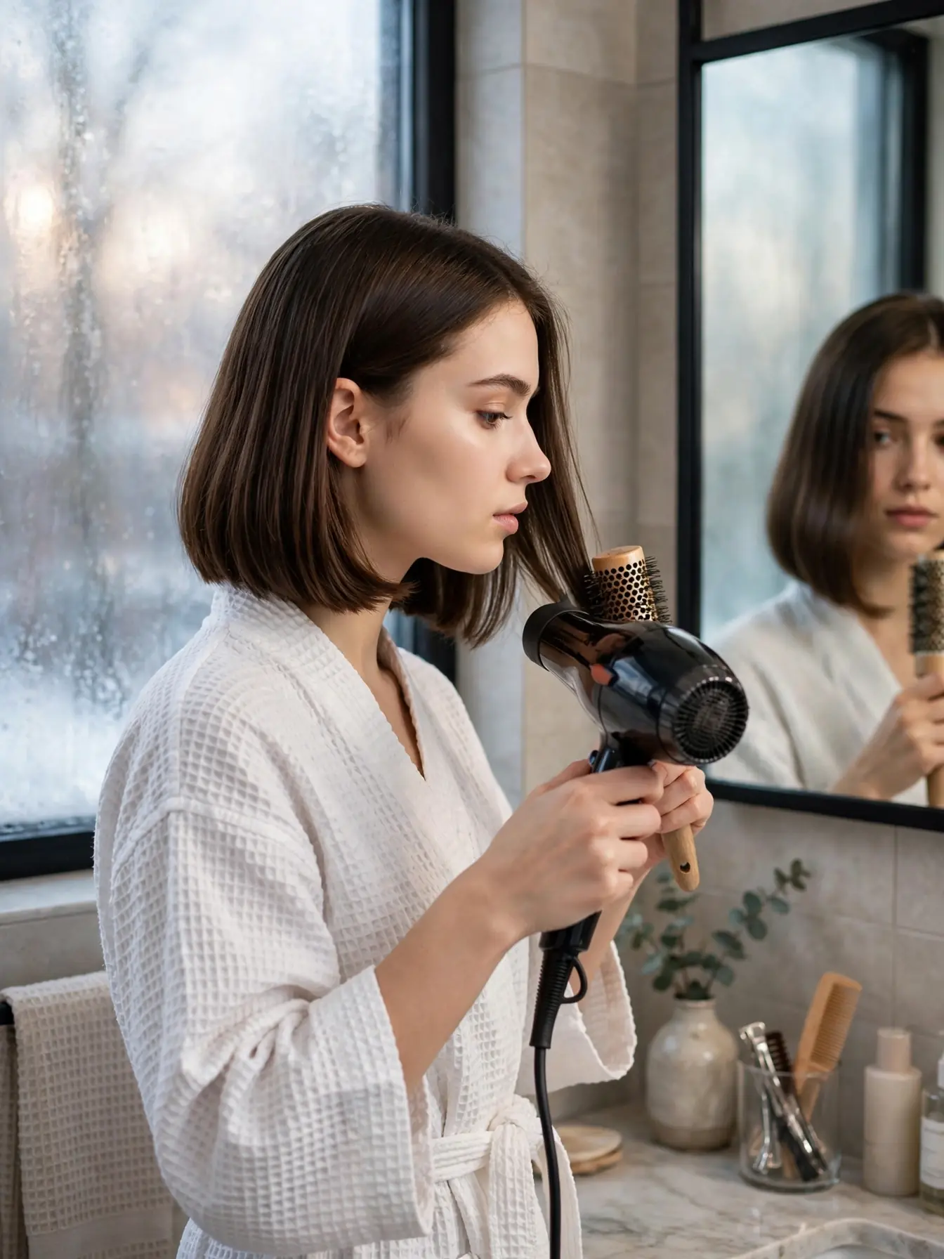 Woman blow-drying a sleek winter bob with a round brush in a bright bathroom