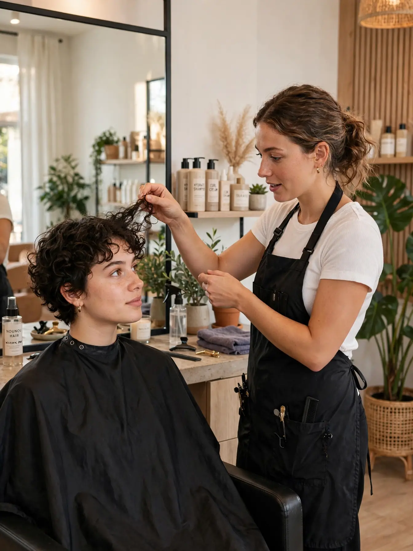 Stylist consulting with a client about a curly pixie cut in a bright salon
