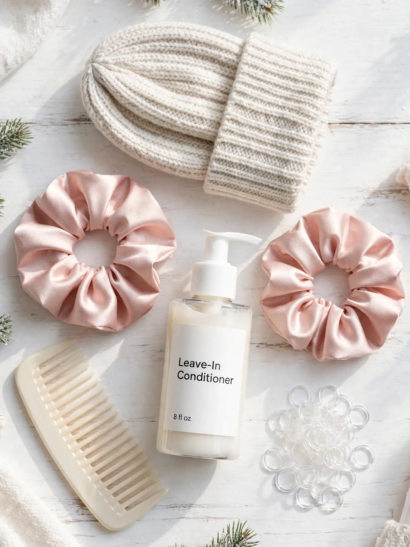 22 Cozy Winter Braid Hairstyles to Try This Season 9 Flat lay of winter braid essentials including satin scrunchies and leave-in conditioner