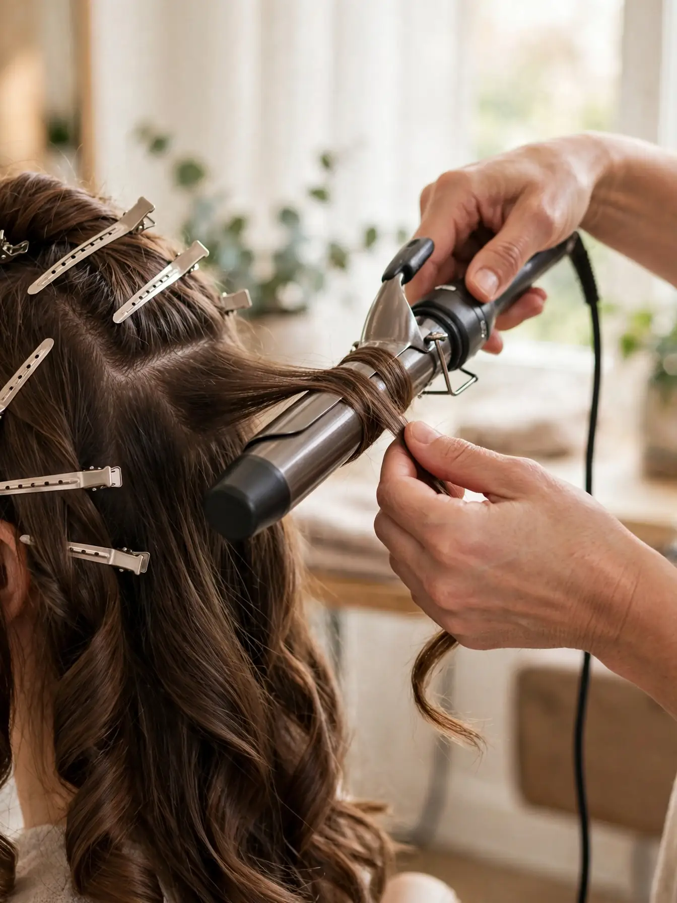 Stylist creating big bouncy curls with a large-barrel curling iron
