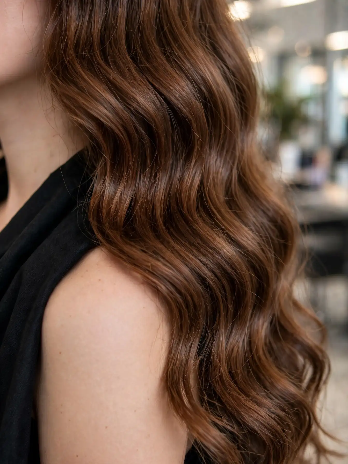 Close-up detail of soft defined wave texture on long hair