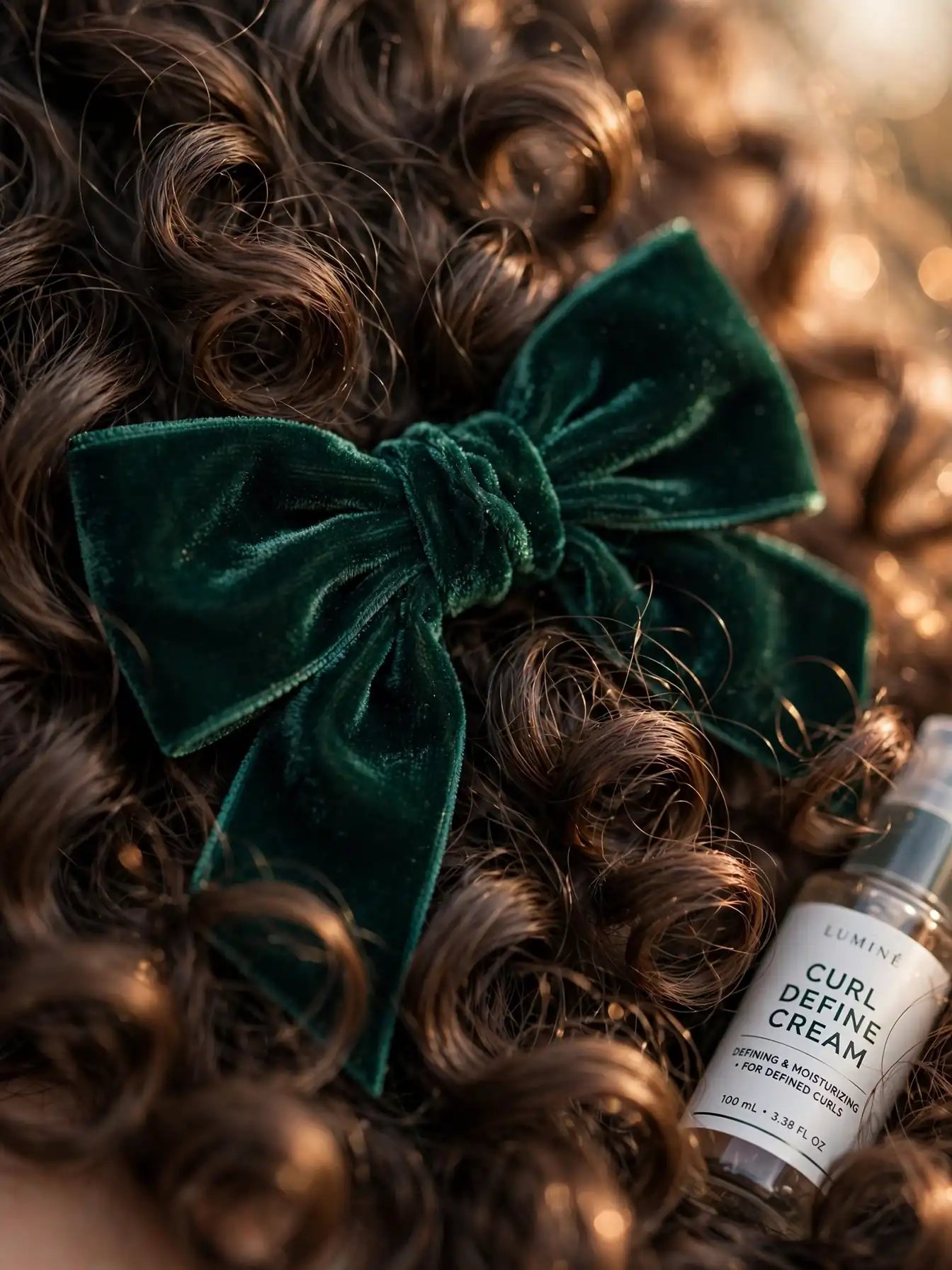 Close-up of an emerald velvet bow in soft defined curls
