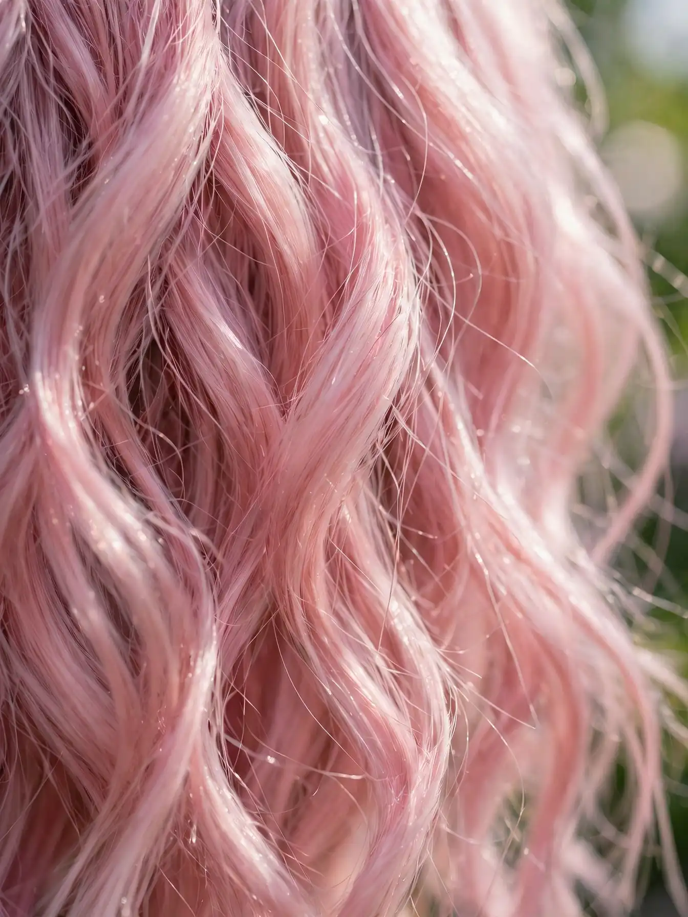 Extreme close-up of pastel pink waves hairs showing silky texture, dimension, and shine.