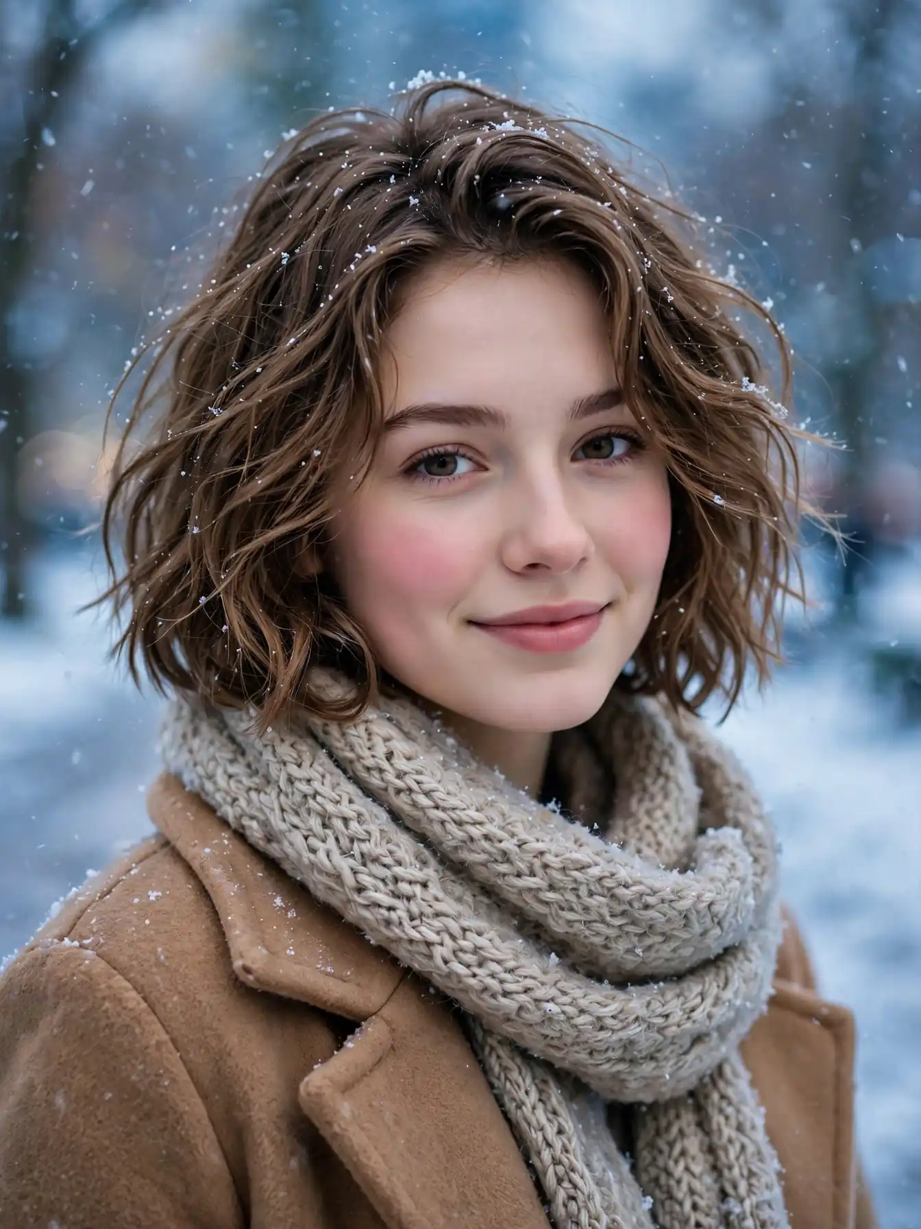 Tousled wavy winter bob dusted with snowflakes on a woman in a wool scarf outdoors