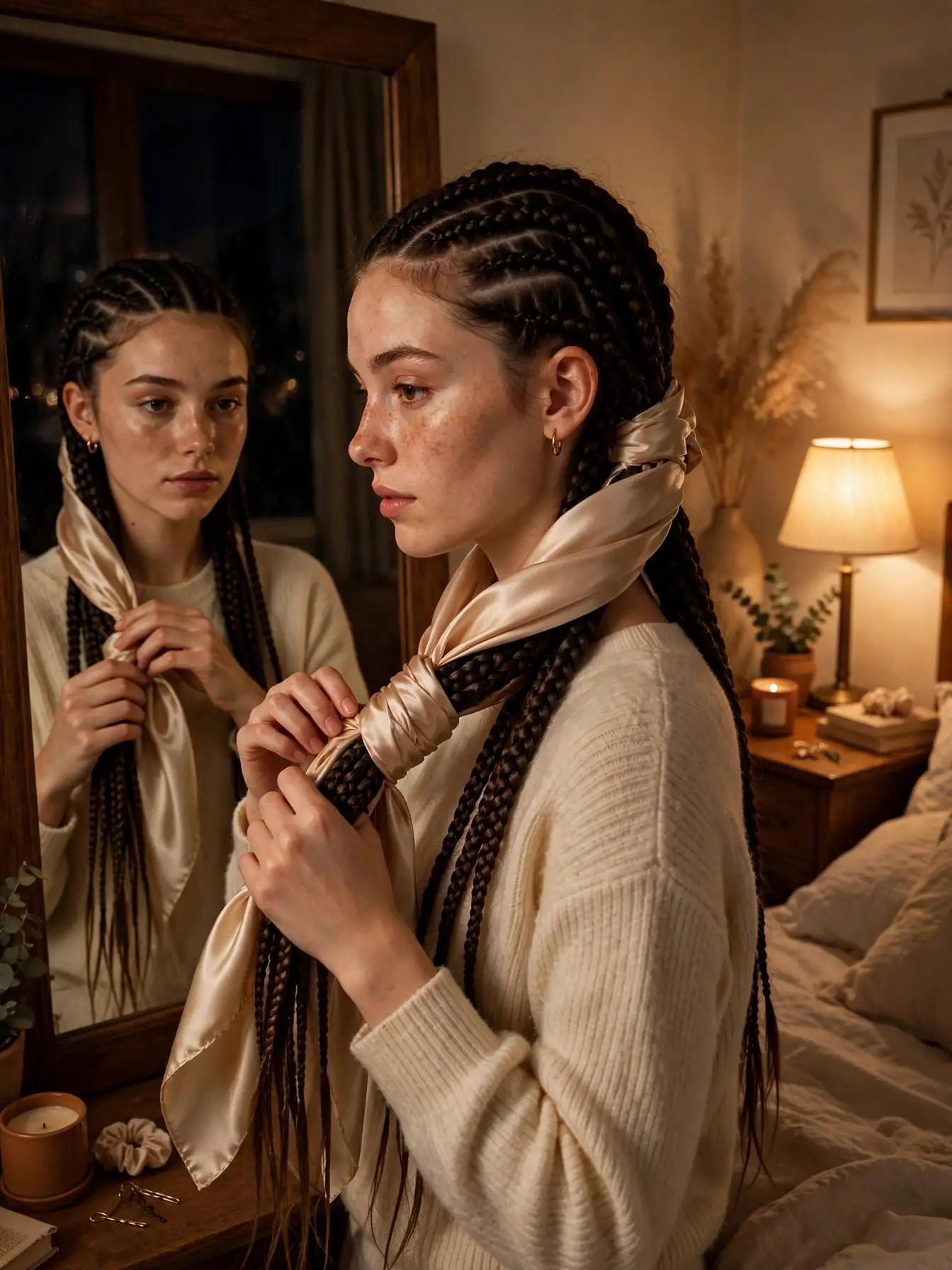 22 Cozy Winter Braid Hairstyles to Try This Season 17 Young woman wrapping her braids in a champagne satin scarf before bed
