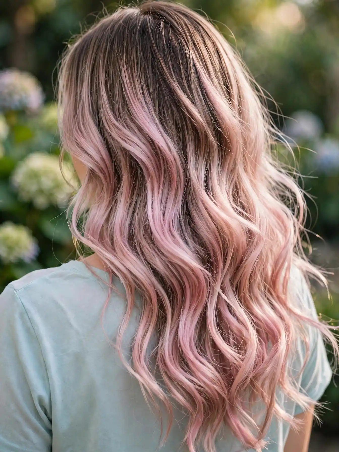 Back view of long pastel pink balayage waves showing beautiful color dimension.