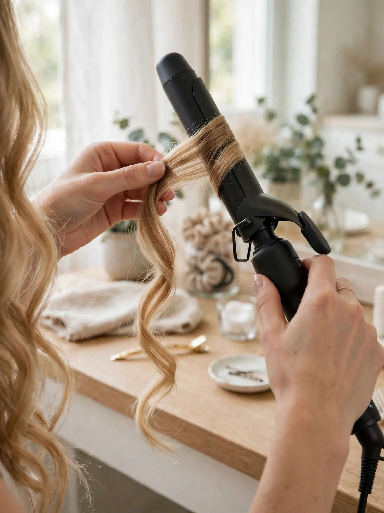 Hands styling long hair with a curling wand at a vanity
