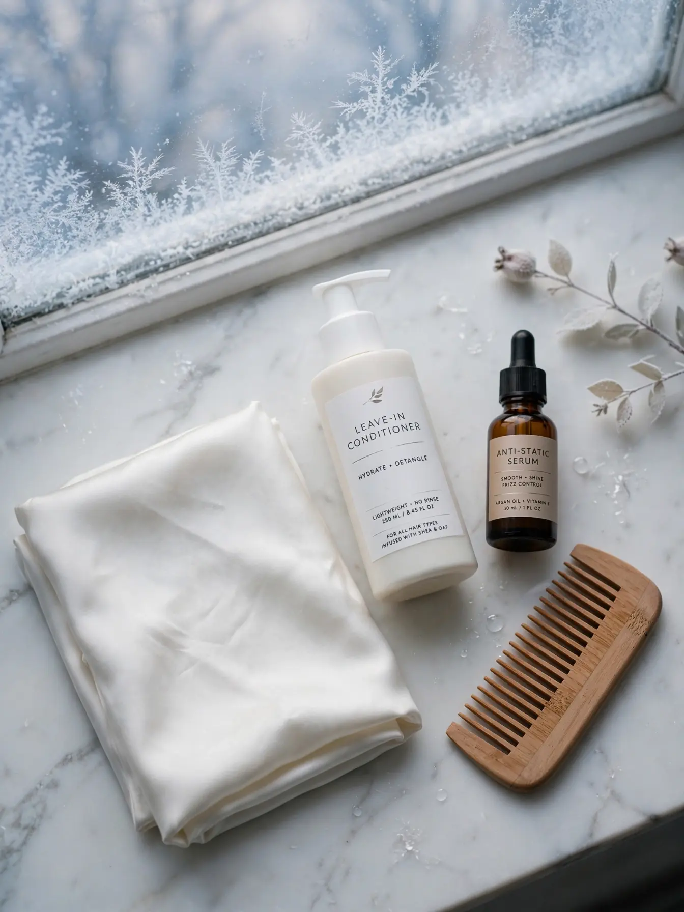 Winter hair care setup: silk pillowcase, leave-in conditioner, anti-static serum, and wide-tooth comb on a marble vanity