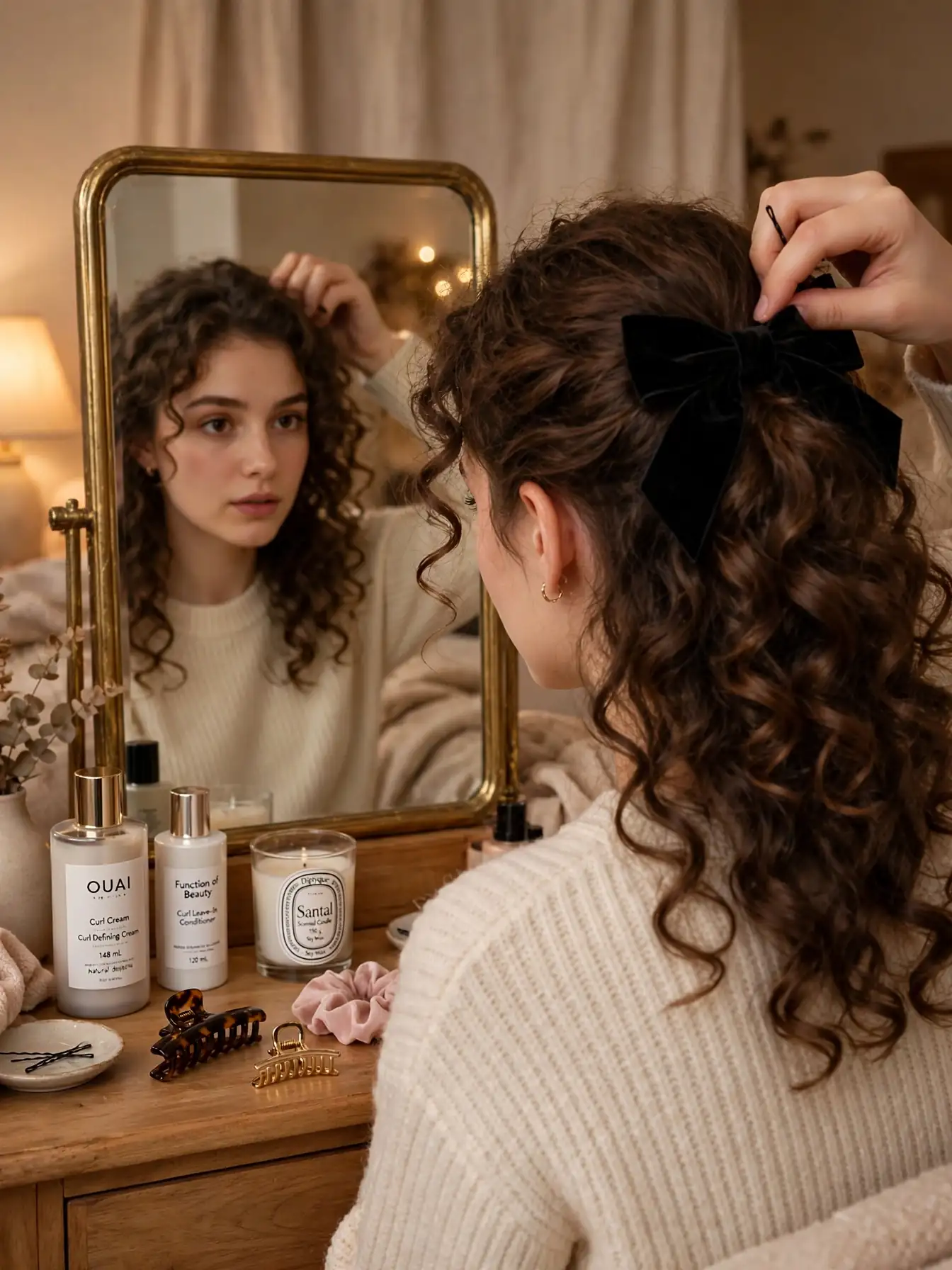 Woman pinning a black velvet bow into her curls