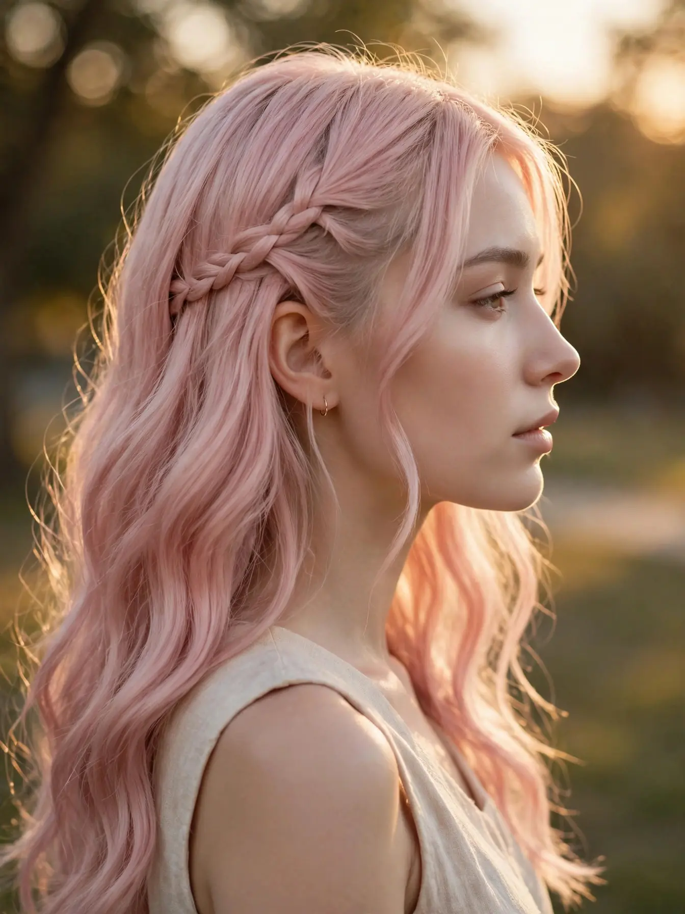 Side profile of pastel pink wavy hair with a small delicate side braid accent in golden light.