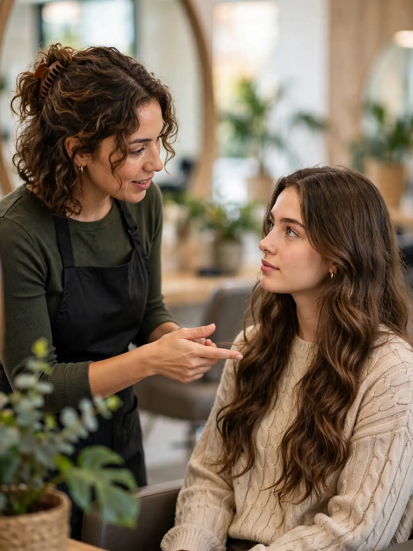 Hairstylist consulting with a client about wavy hair in a salon
