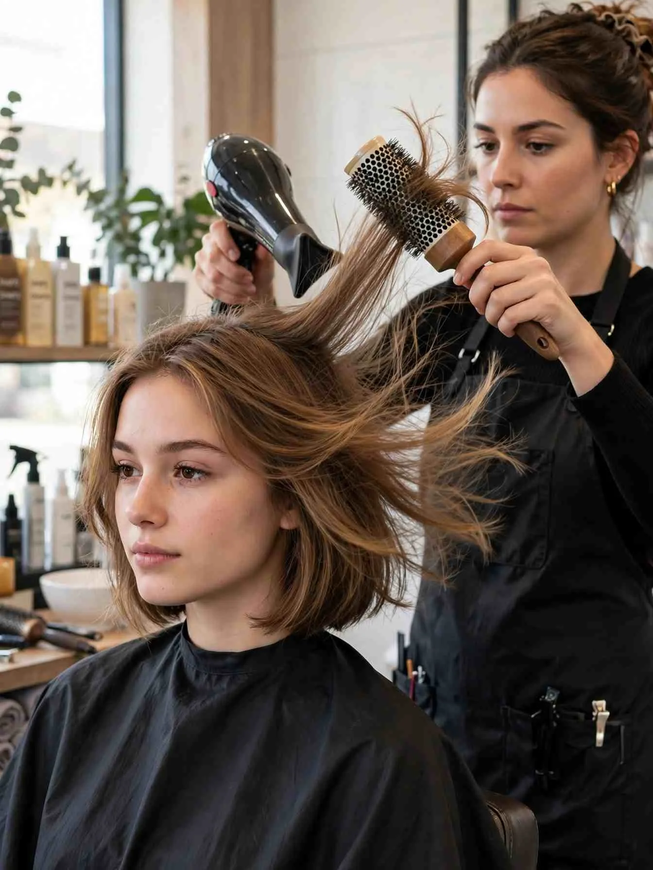 Styling a feathered bob with a round brush for flicked ends