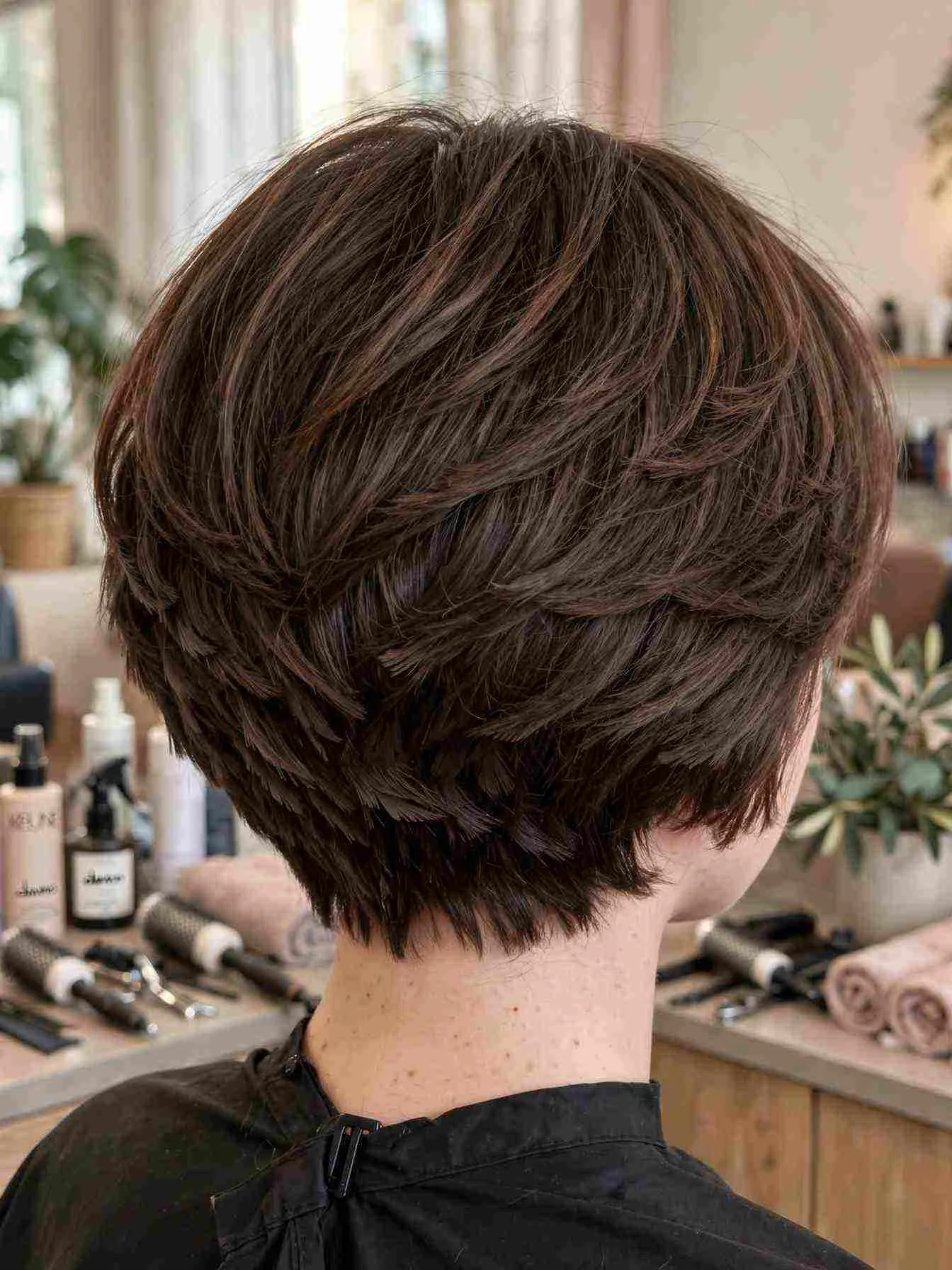 Back view of stacked feathered bob layers