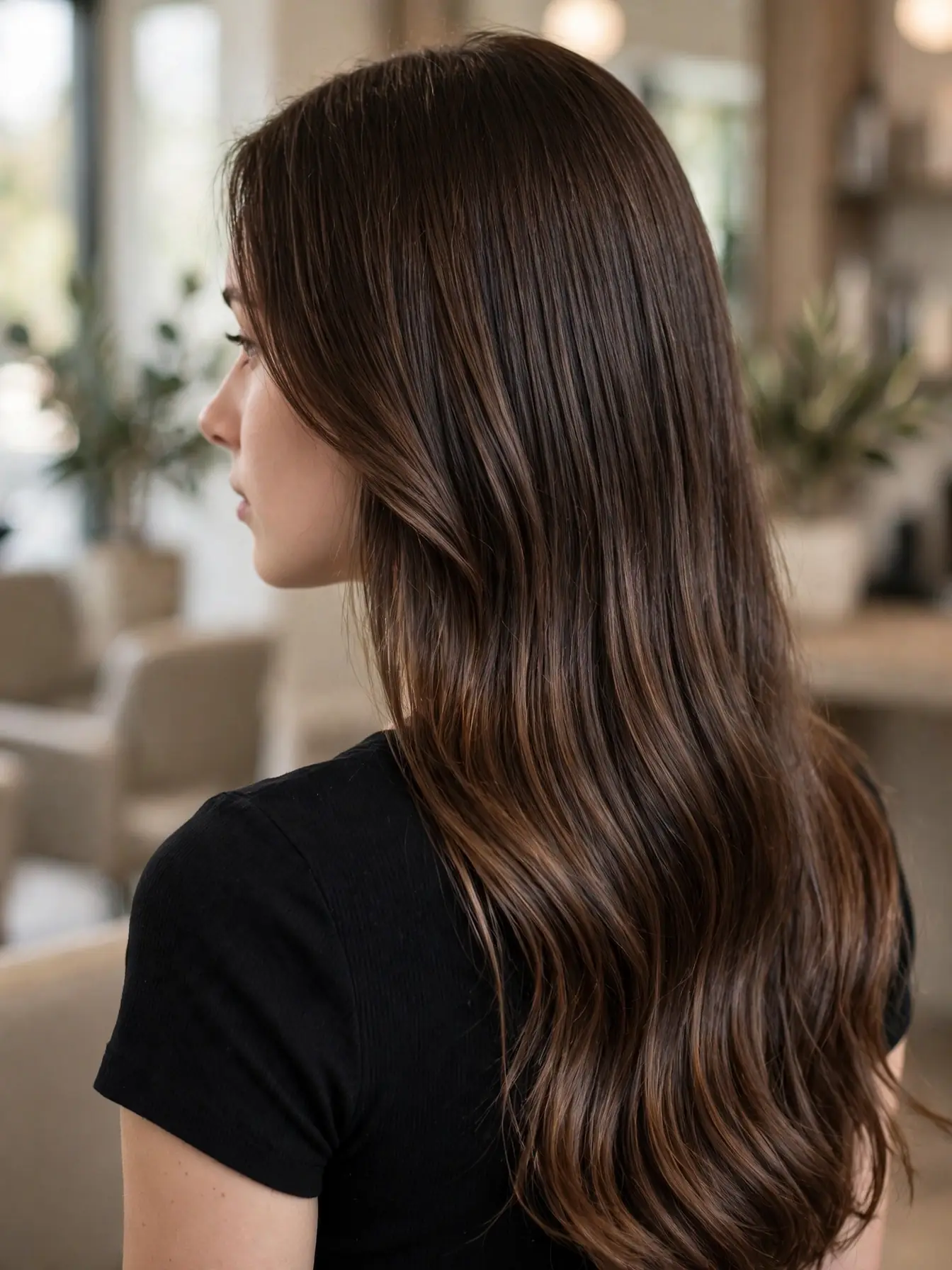 Close-up of mocha balayage hair color showing hand-painted lighter strands
