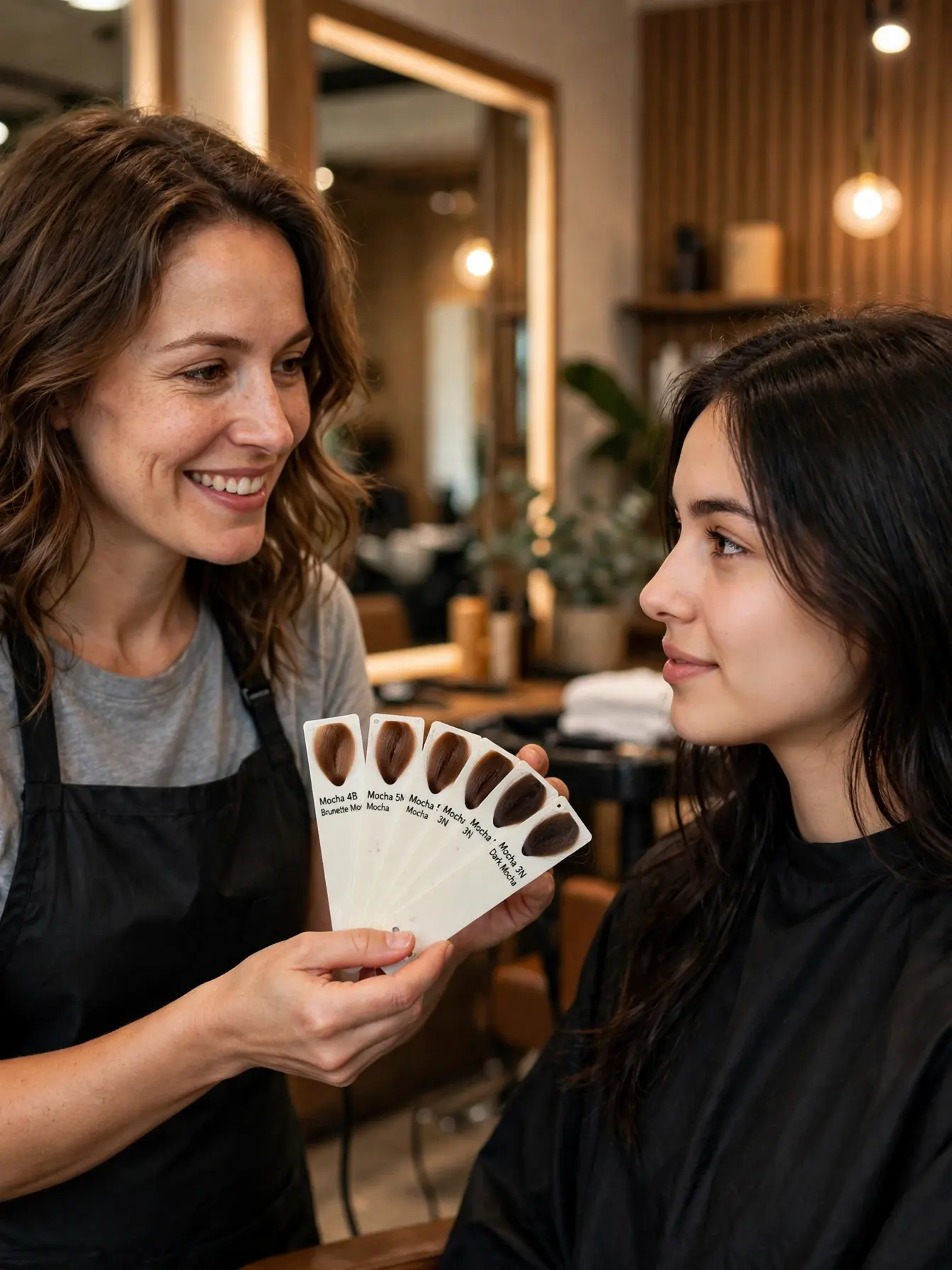Stylist consultation for mocha balayage hair color with shade swatches