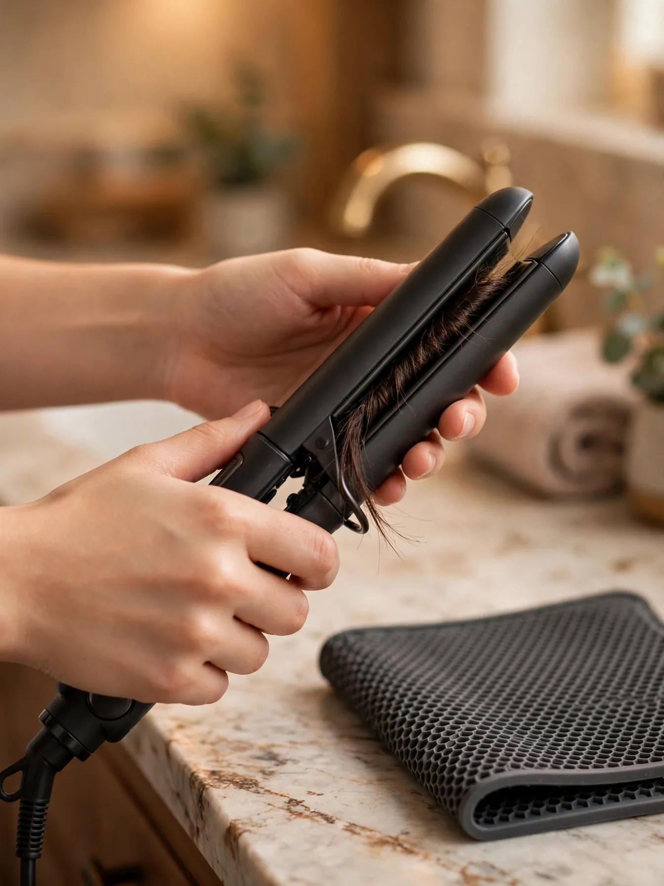 Crimping iron pressing a hair section during styling