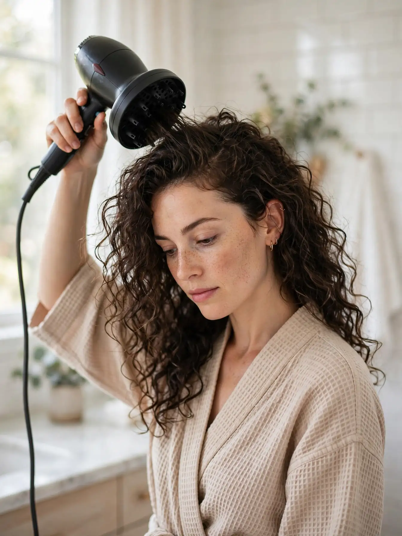 Diffusing curly hair with low heat for volume