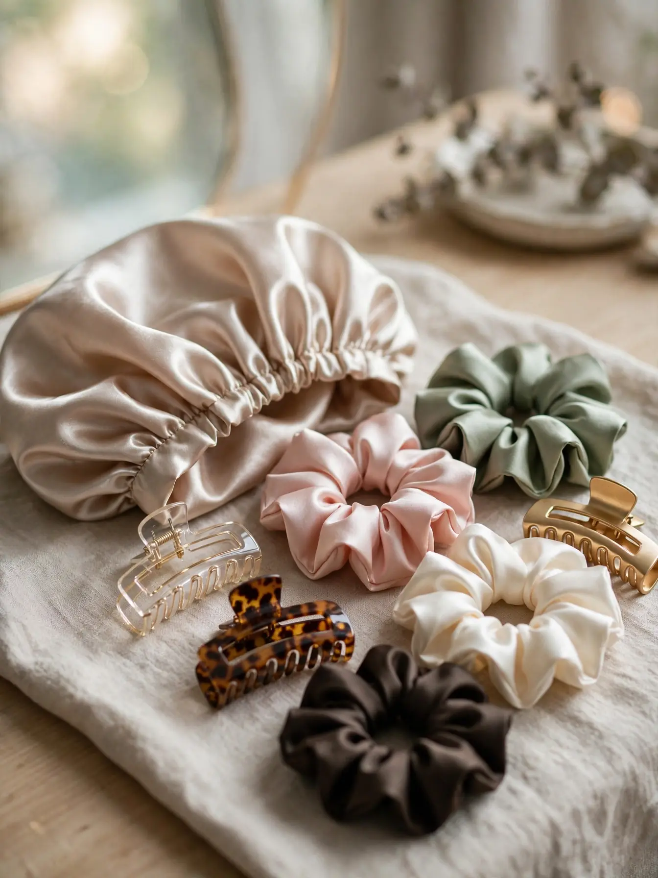 Silk scrunchies, satin bonnet and claw clips for curly hair