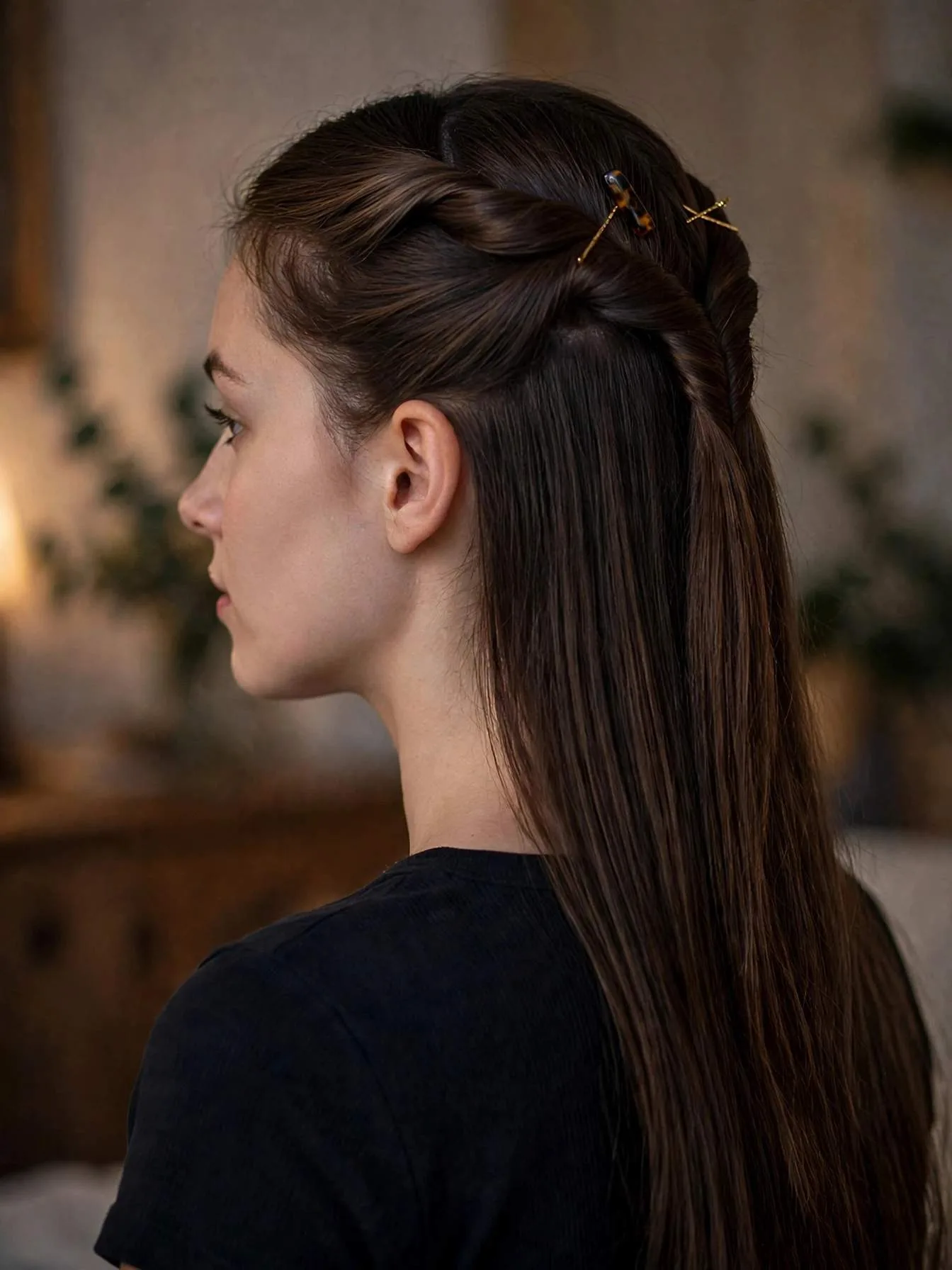 Classic twisted crown half-up hairstyle with twists meeting at the back