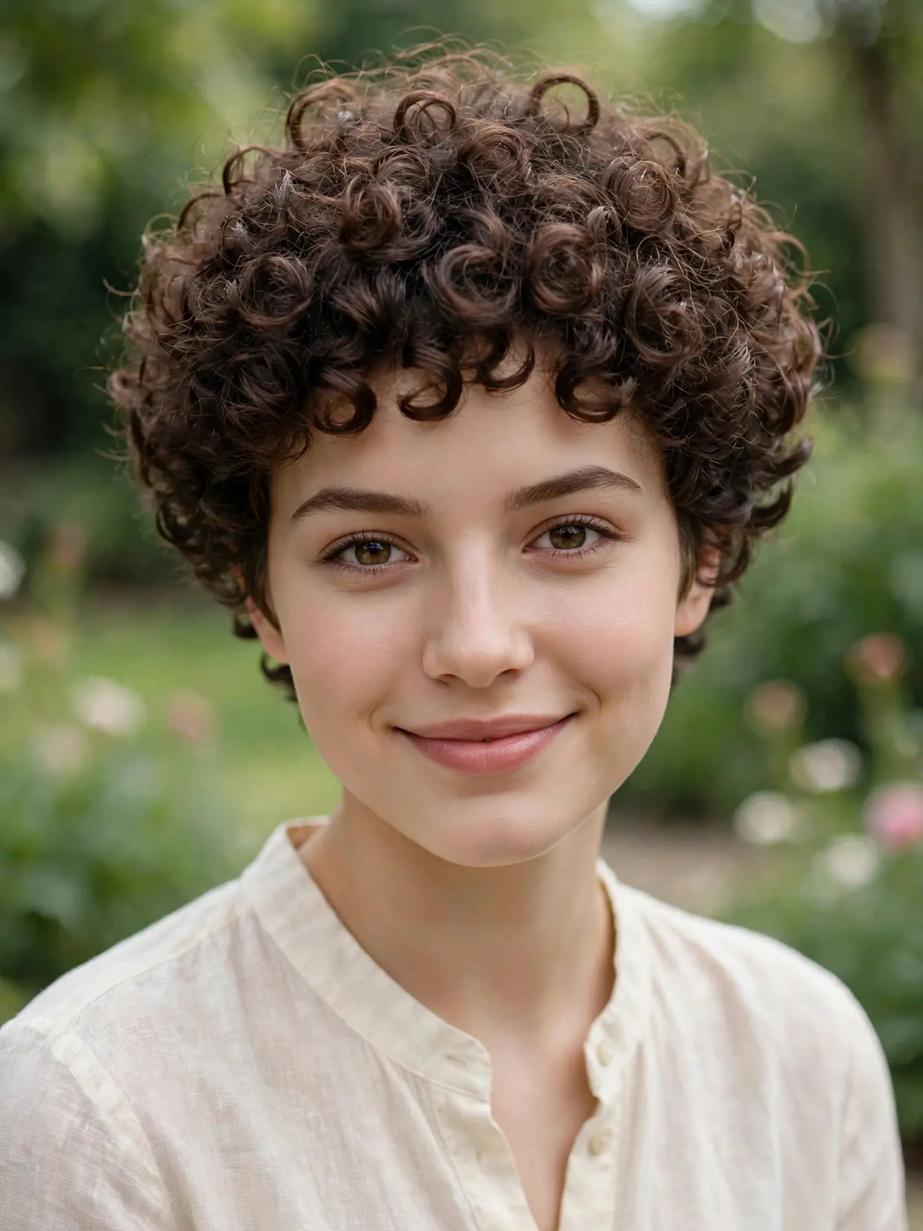 Classic rounded curly pixie with a full, even curl silhouette
