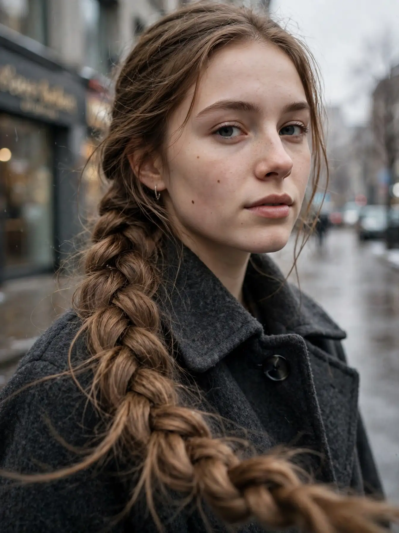 22 Cozy Winter Braid Hairstyles to Try This Season 2 Loose side three-strand braid worn over a charcoal wool coat on a winter day