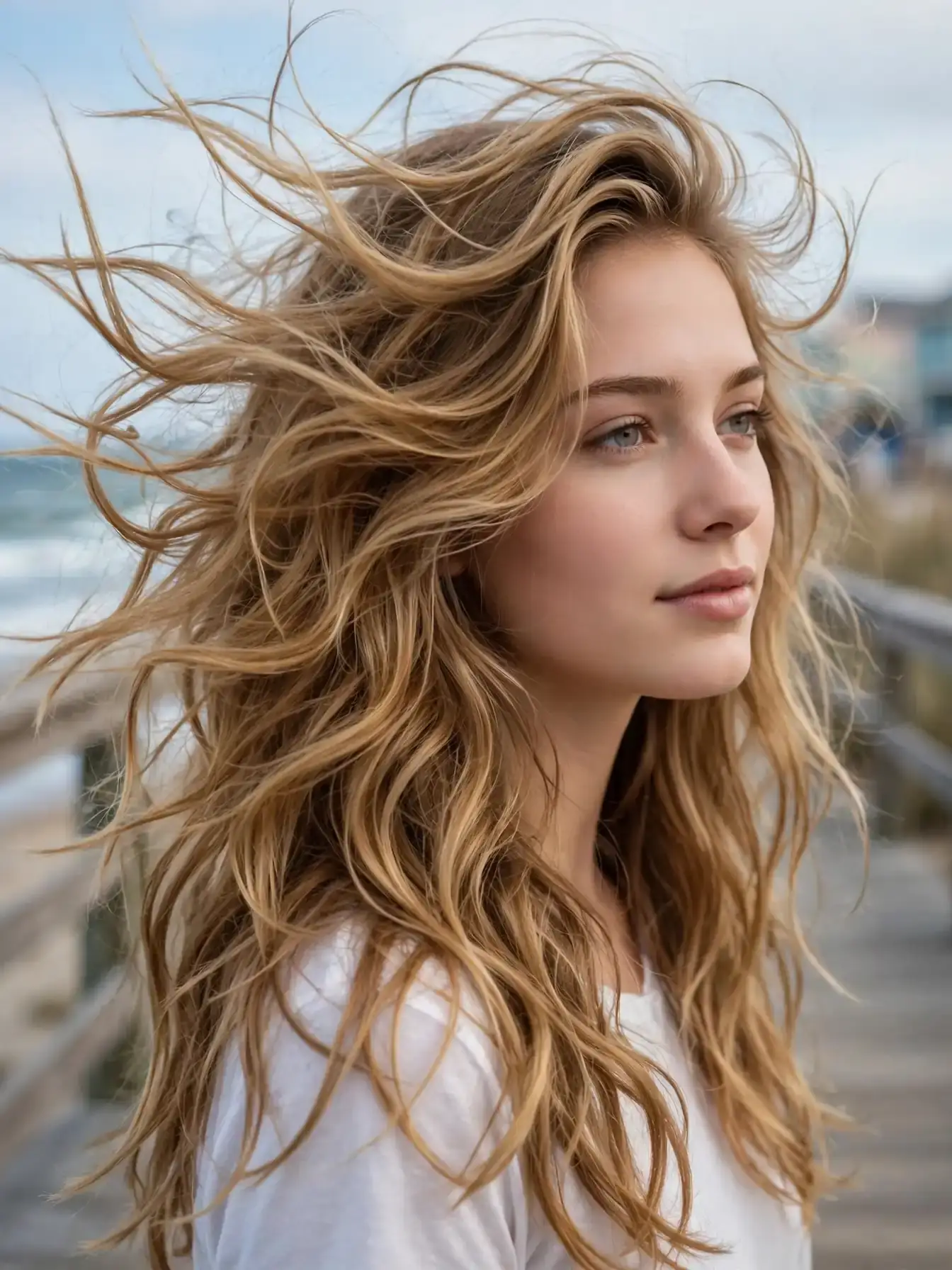 Classic beach waves on long wavy hair with tousled texture