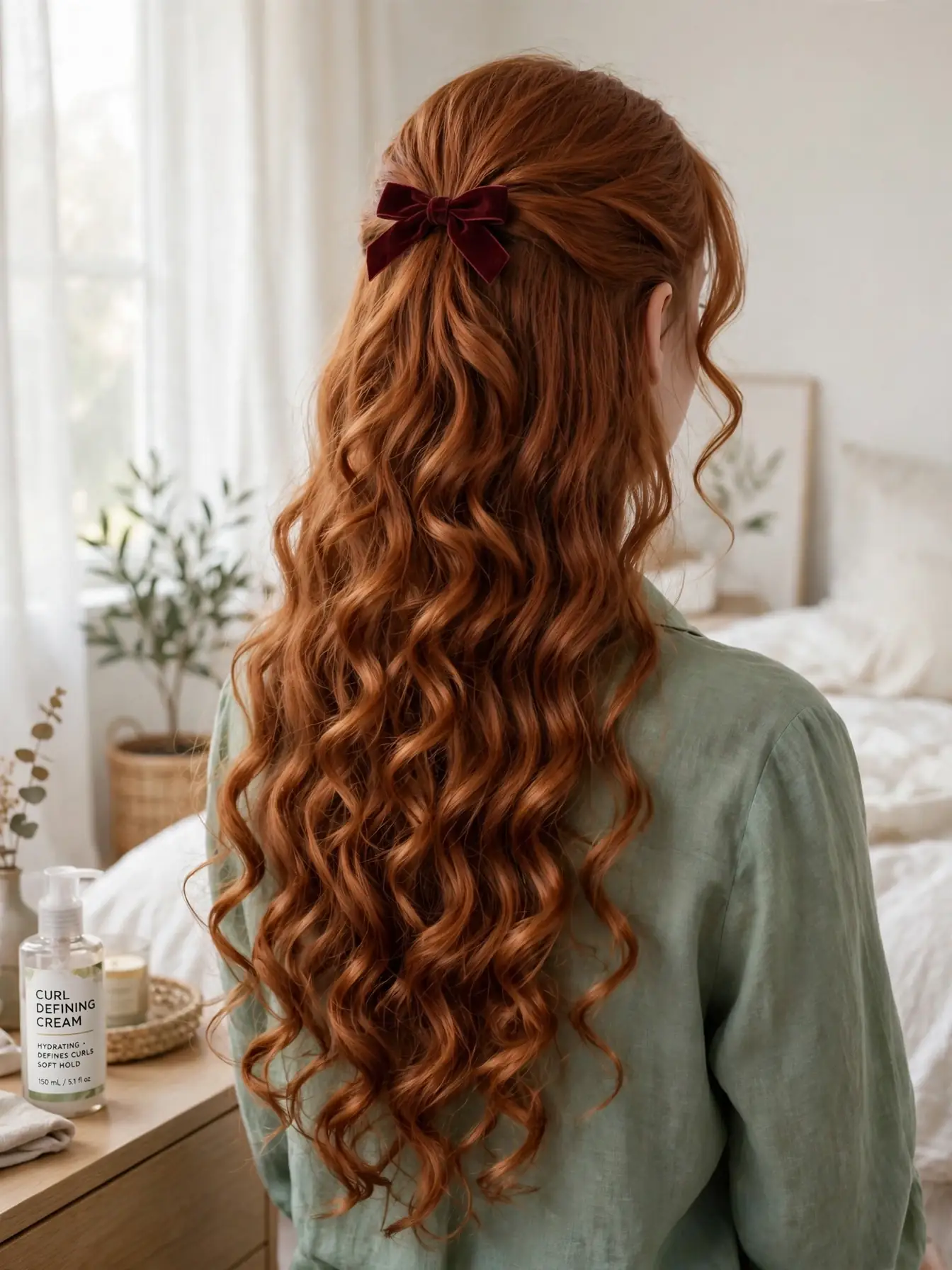 Soft velvet ringlet cascade with a small burgundy velvet bow