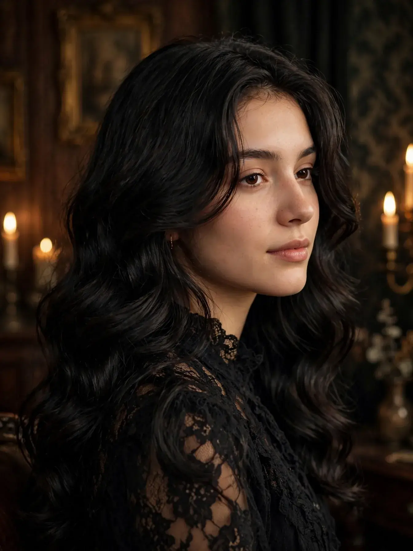 Classic jet black romantic goth waves with long face-framing layers in candlelight