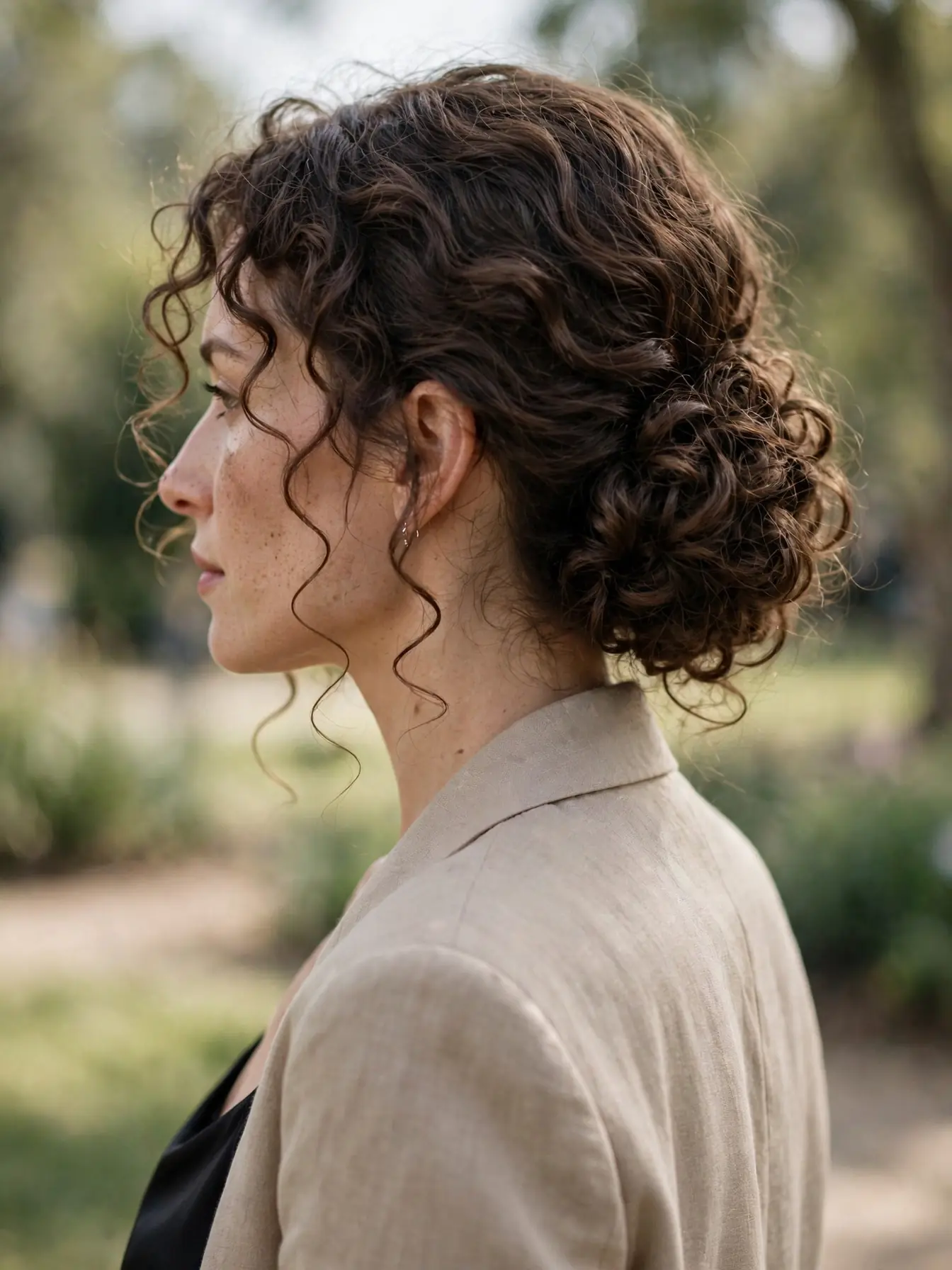 Elegant Updo for Curly Hairstyles: 20 Timeless Ideas 2 Low curly chignon with soft tendrils