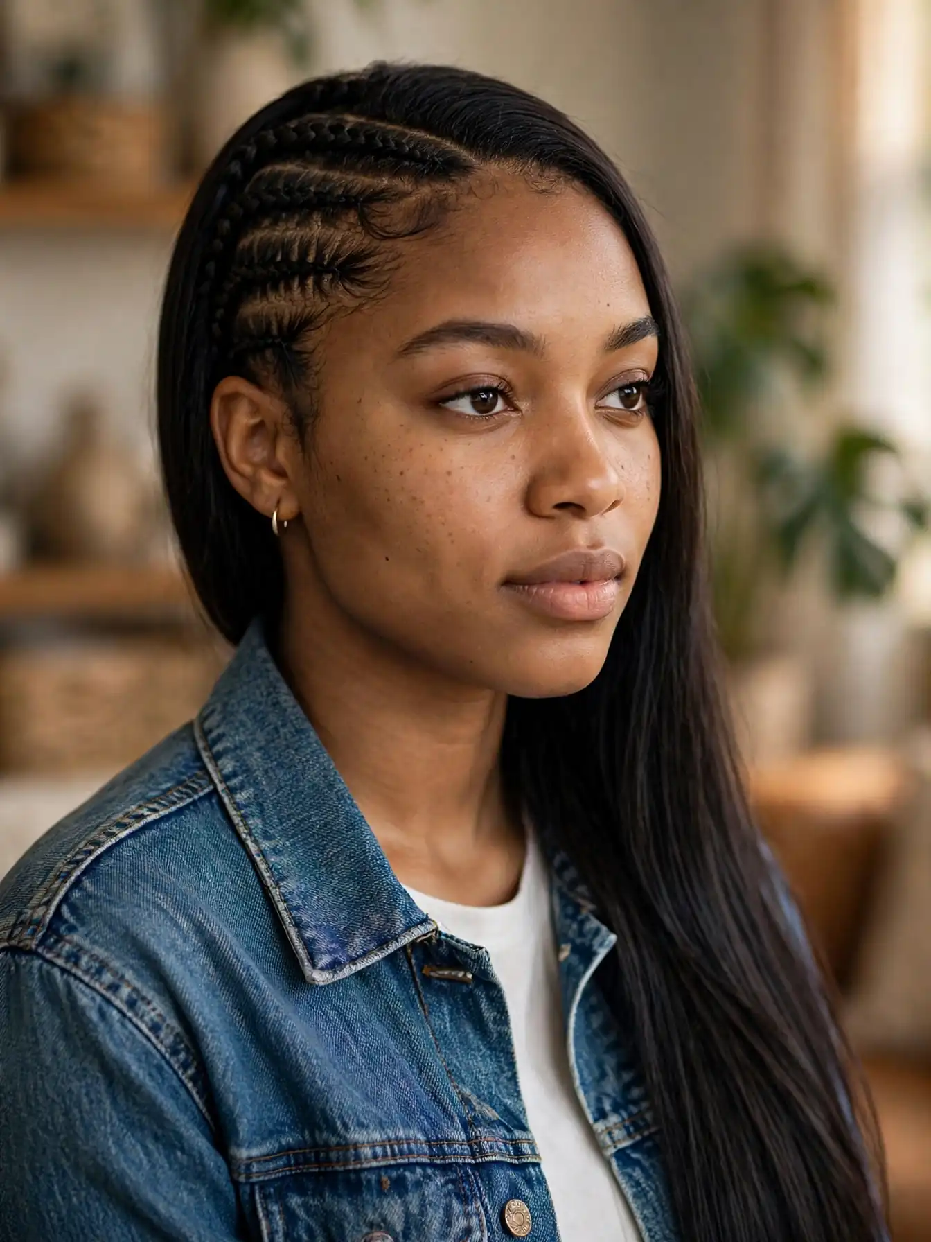 Classic side-part sew-in braided leave-out hairstyle with long silky straight hair