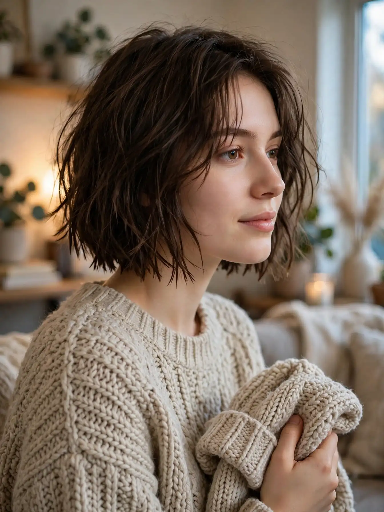 Ripped winter bob with vertically chopped, piecey separated ends on a woman in a chunky knit sweater