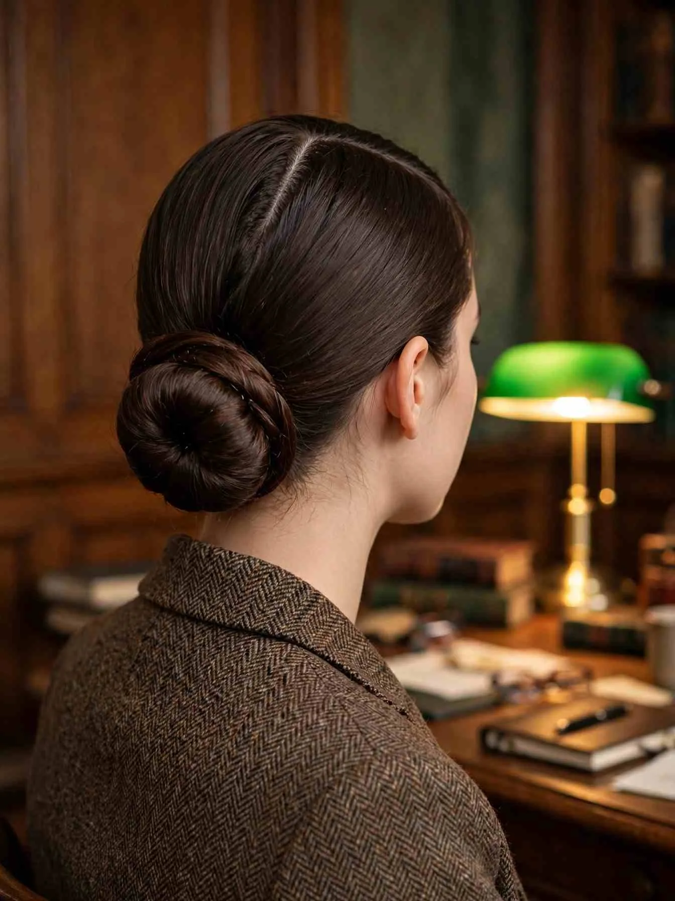 Edwardian low chignon with a clean center part on dark brown hair