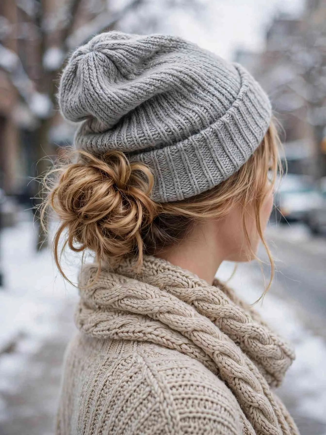 Back view of a loose low messy knot bun worn under a gray knit beanie with a chunky scarf