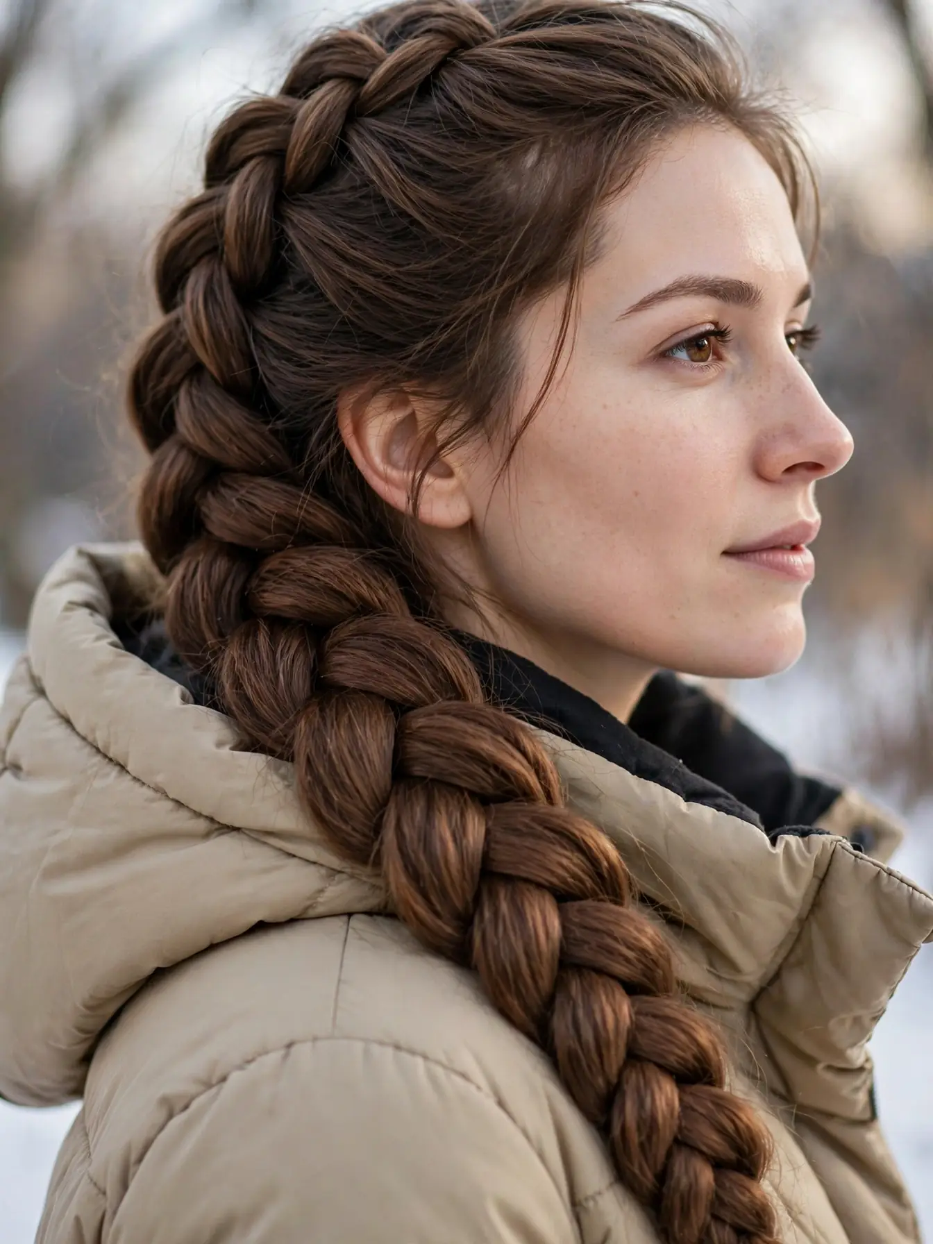 Chunky fishtail braid swept over one shoulder in winter light