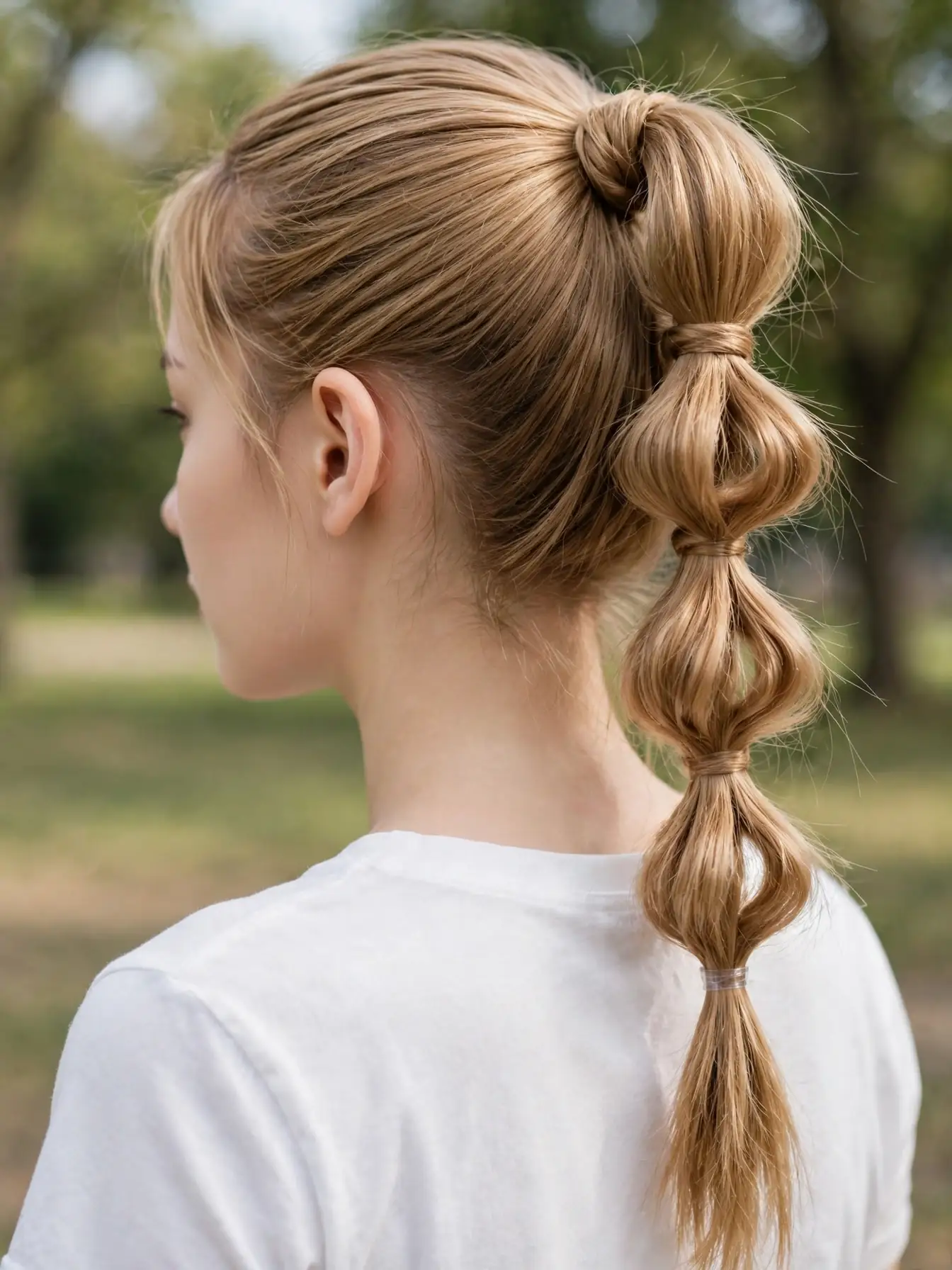 Classic high infinity knot ponytail with three loose knots on honey-blonde hair
