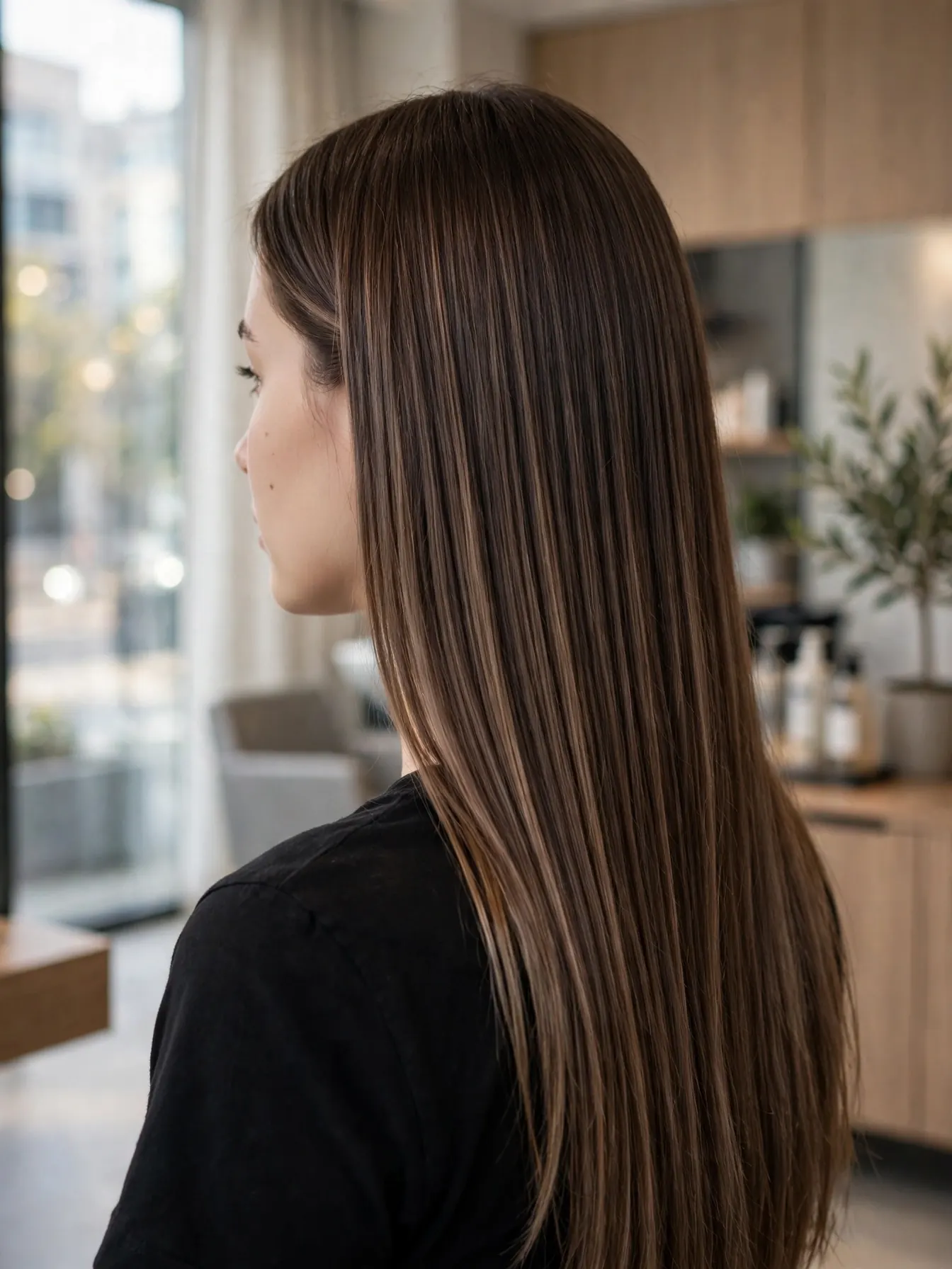 Classic mocha balayage hair with soft dimension on long straight hair