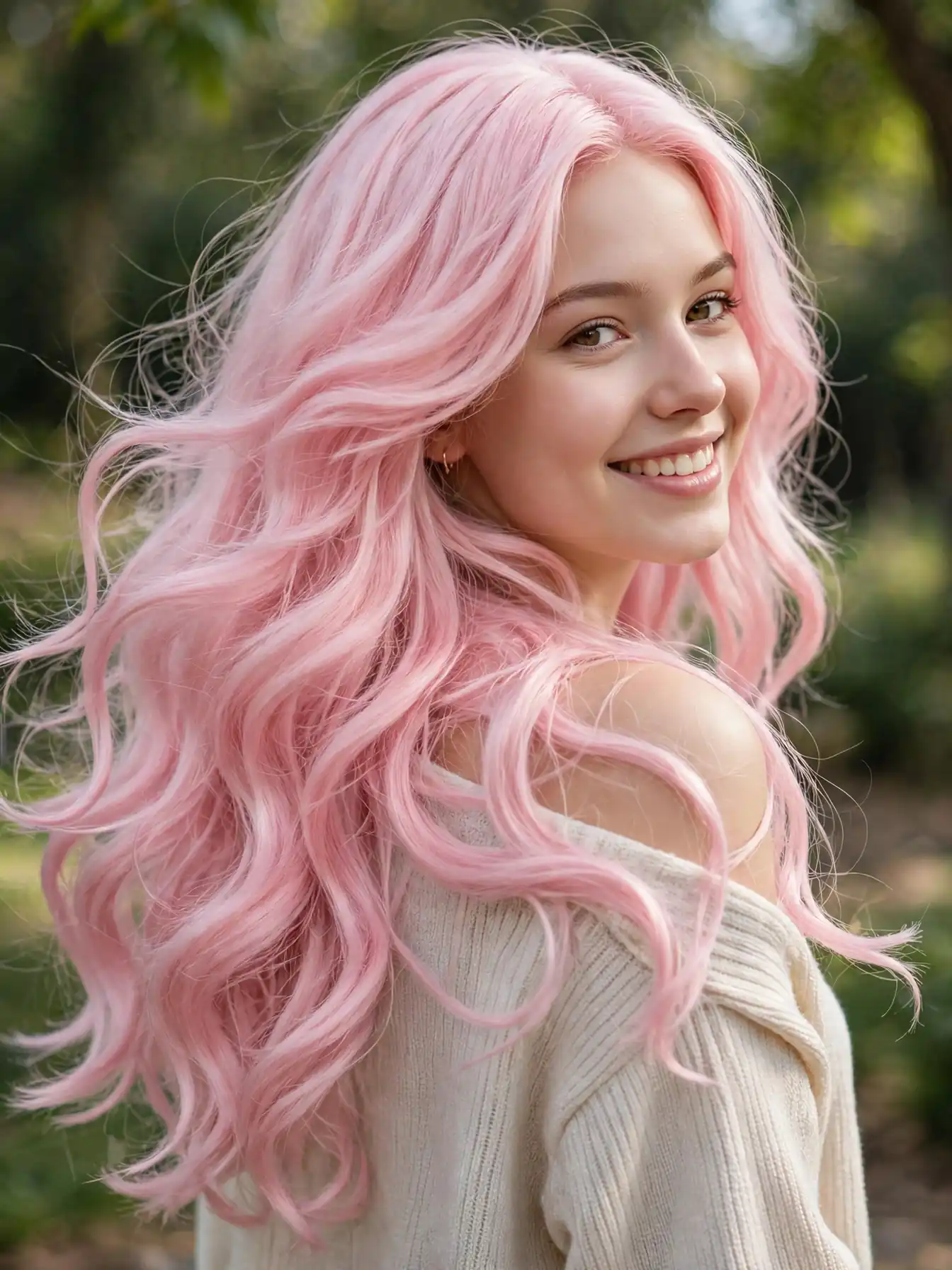 A woman with all-over soft cotton candy pink hair in long loose flowing waves posed over one shoulder in outdoor daylight.