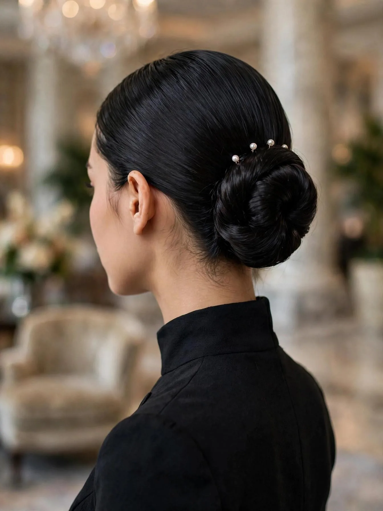 Low chignon with pearl pins for a winter formal event