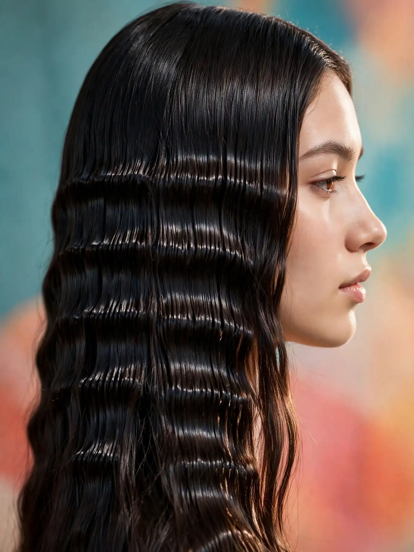 Enchanted crimp with strategic crimped sections on sleek glossy hair